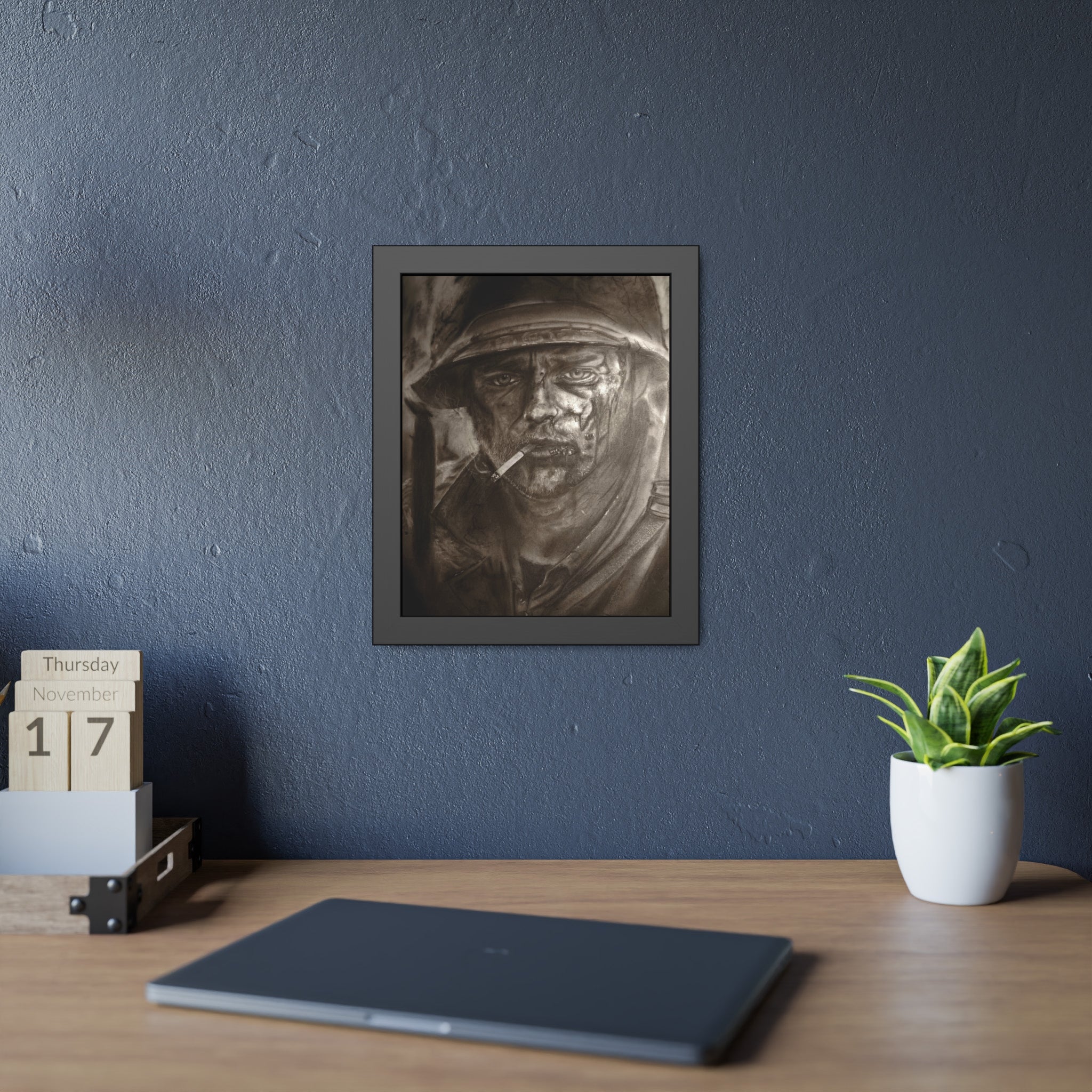 Framed Poster — Gritty Soldier Portrait Wall Art