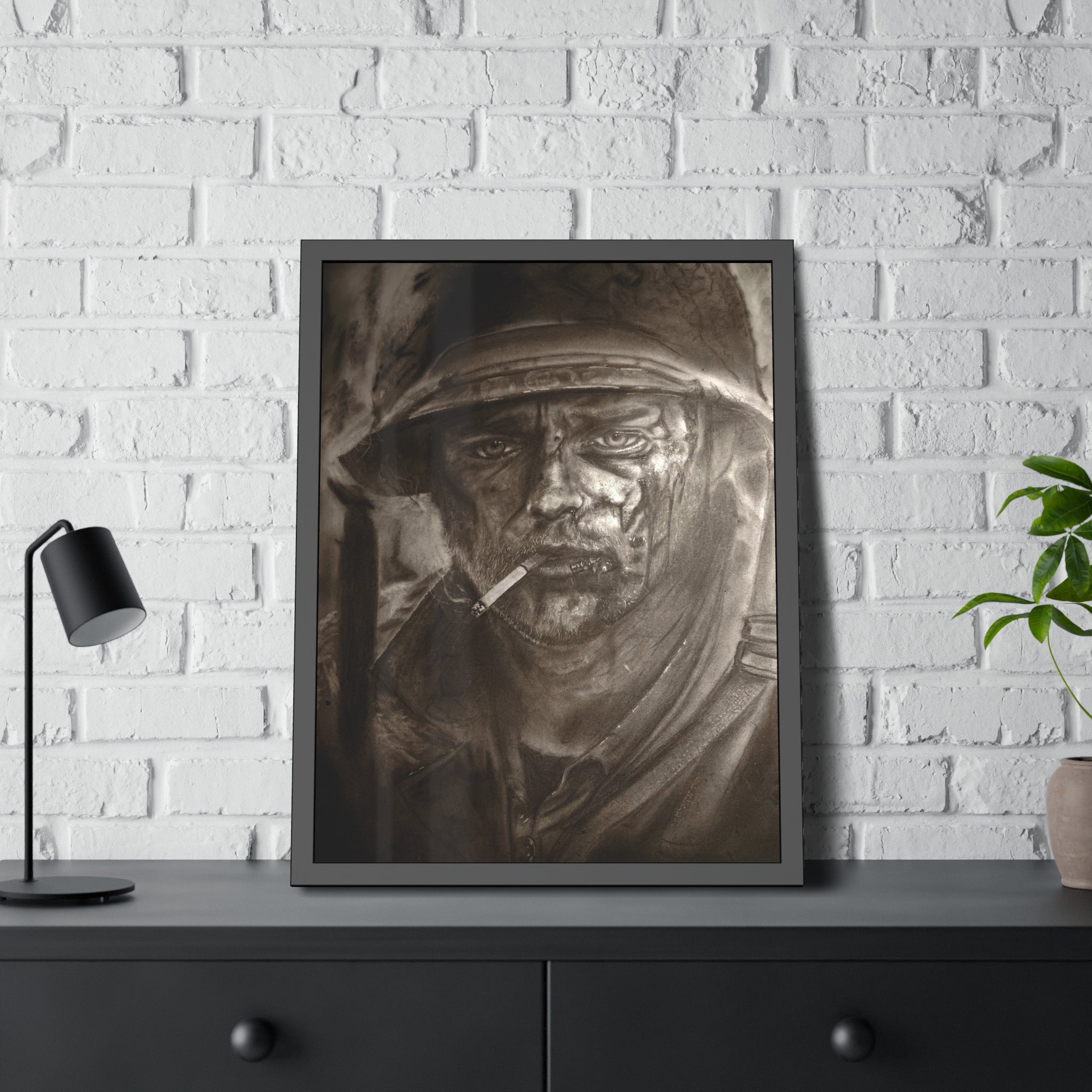Framed Poster — Gritty Soldier Portrait Wall Art
