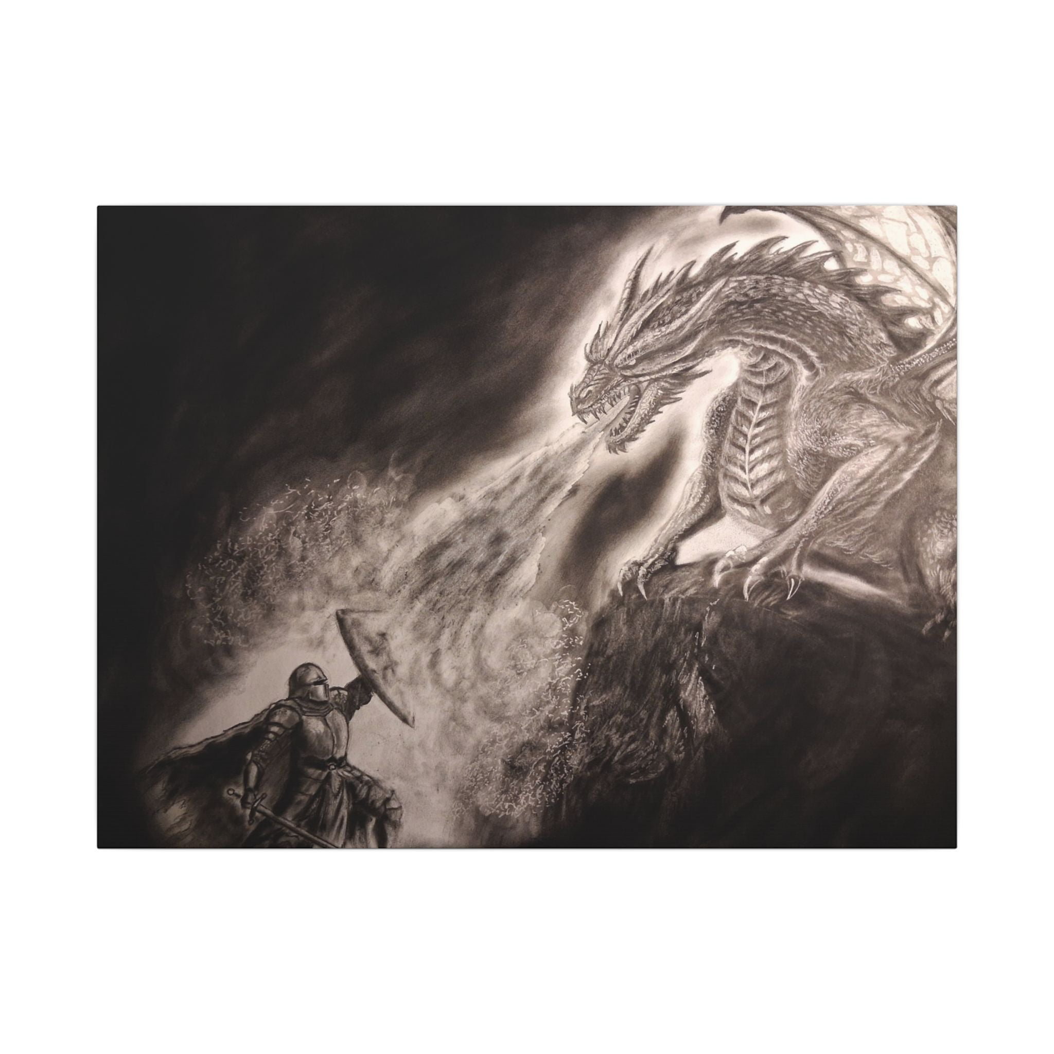 Dragon vs Knight Matte Canvas Wall Art — Fantasy Battle Stretched Print