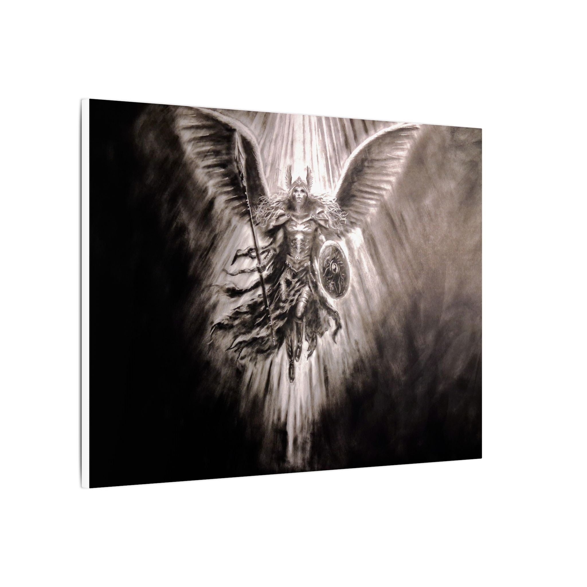 Angel Warrior Matte Canvas Wall Art — Dramatic Guardian with Shield and Spear