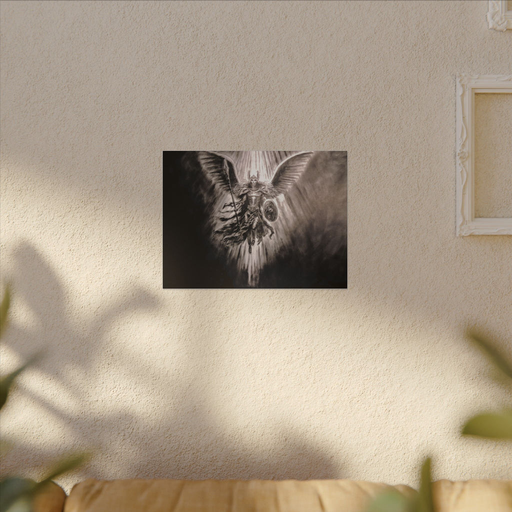 Angel Warrior Matte Canvas Wall Art — Dramatic Guardian with Shield and Spear