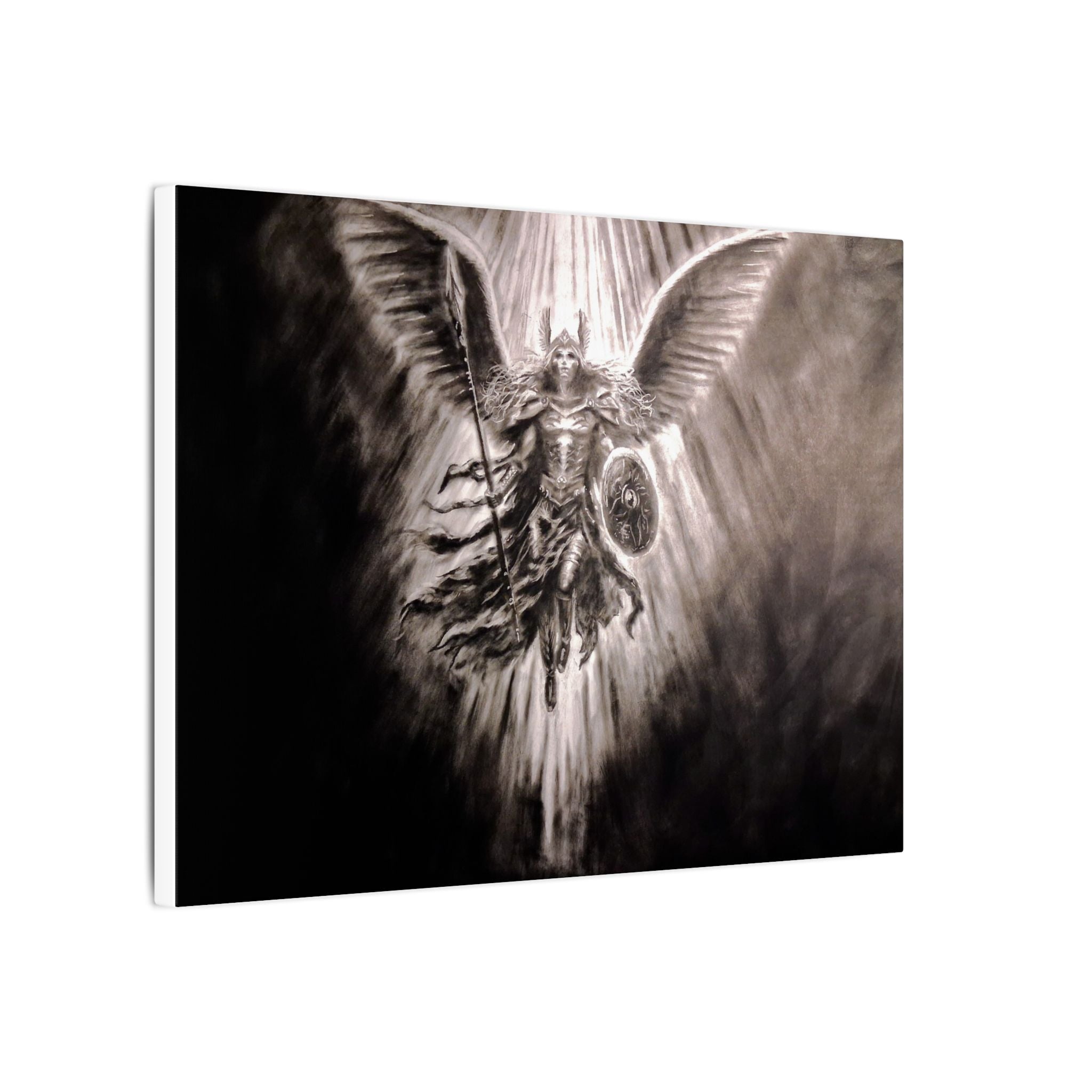 Angel Warrior Matte Canvas Wall Art — Dramatic Guardian with Shield and Spear
