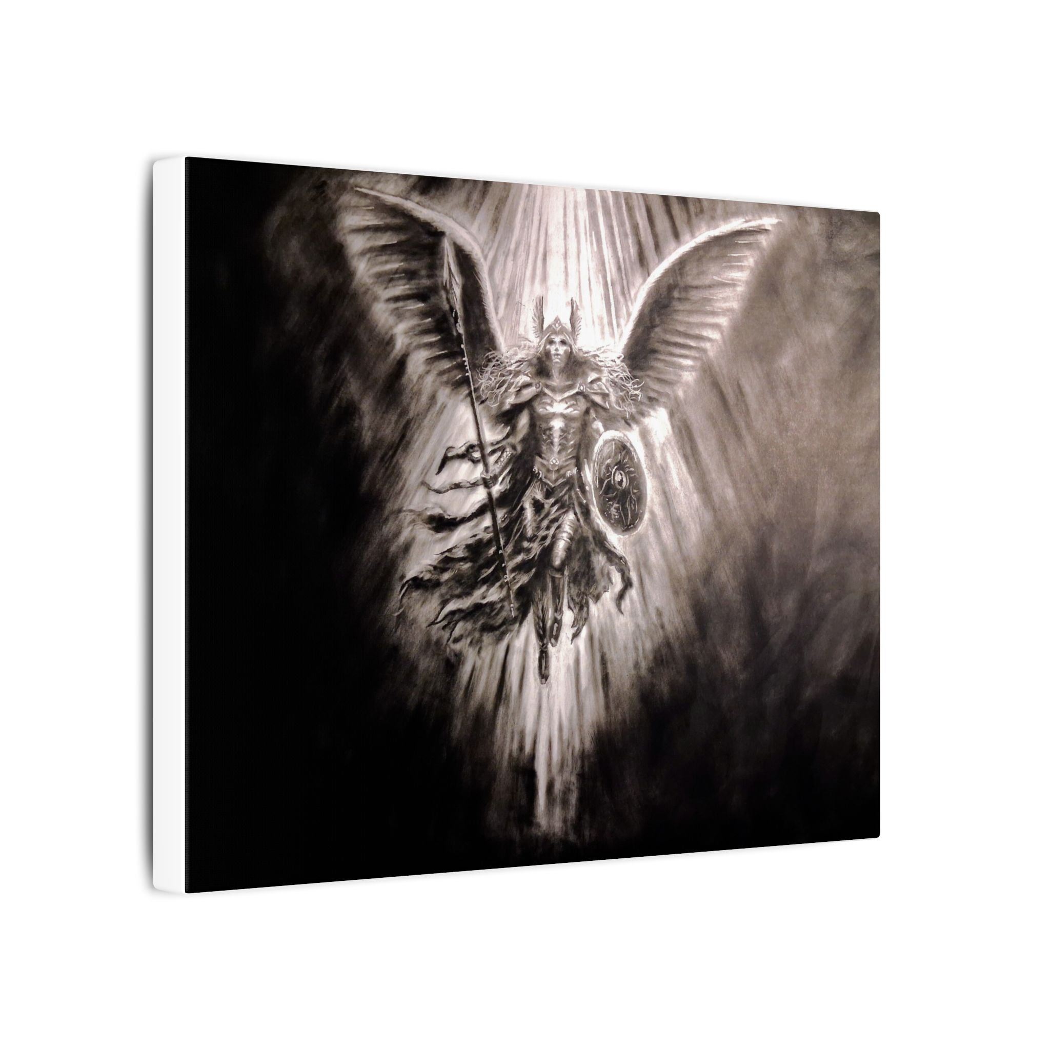 Angel Warrior Matte Canvas Wall Art — Dramatic Guardian with Shield and Spear