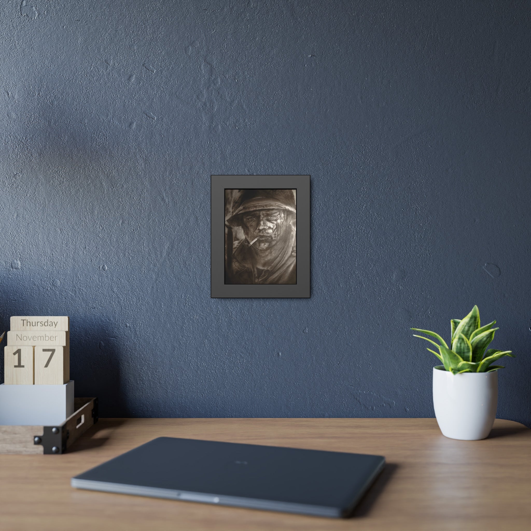 Framed Poster — Gritty Soldier Portrait Wall Art