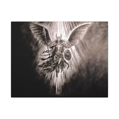 Angel Warrior Matte Canvas Wall Art — Dramatic Guardian with Shield and Spear