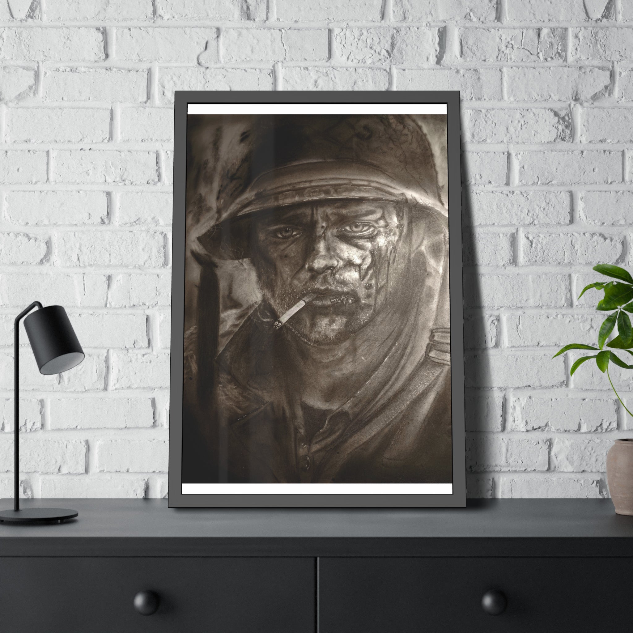 Framed Poster — Gritty Soldier Portrait Wall Art