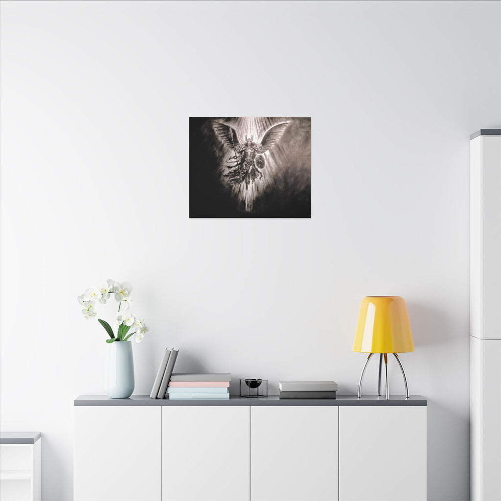Angel Warrior Matte Canvas Wall Art — Dramatic Guardian with Shield and Spear