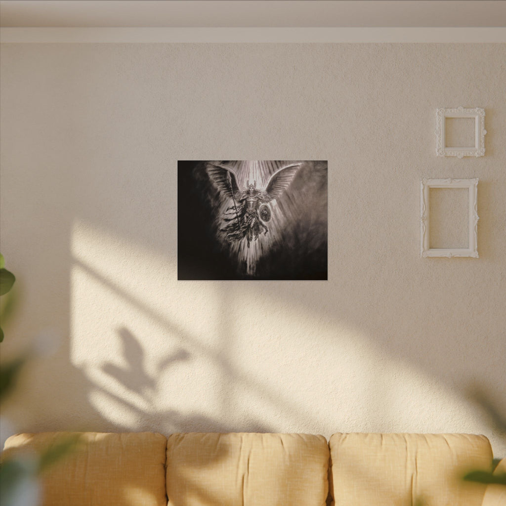 Angel Warrior Matte Canvas Wall Art — Dramatic Guardian with Shield and Spear