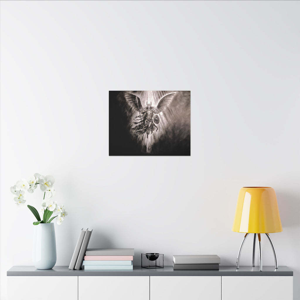 Angel Warrior Matte Canvas Wall Art — Dramatic Guardian with Shield and Spear
