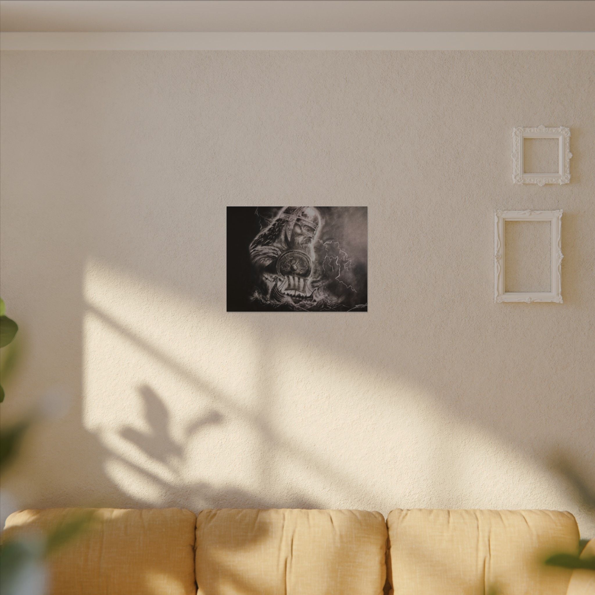 Viking Warrior Matte Canvas Print — Norse Shield & Longship Wall Art