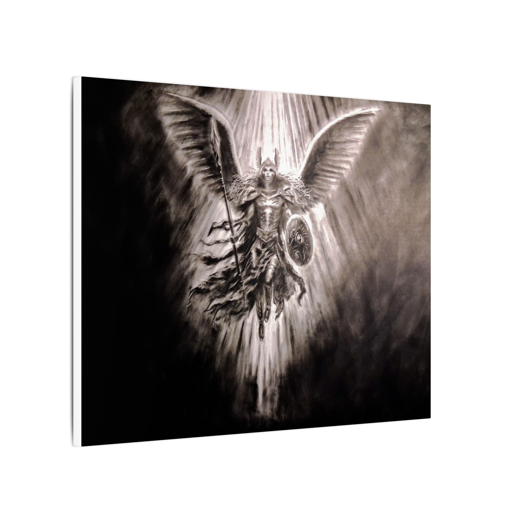 Angel Warrior Matte Canvas Wall Art — Dramatic Guardian with Shield and Spear