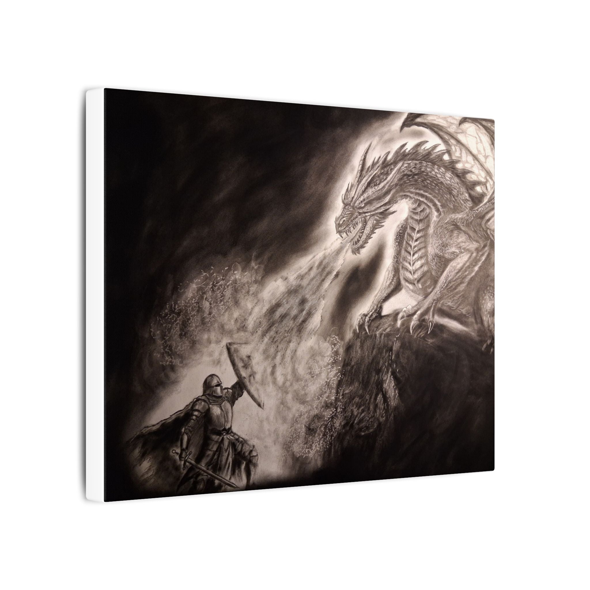 Dragon vs Knight Matte Canvas Wall Art — Fantasy Battle Stretched Print