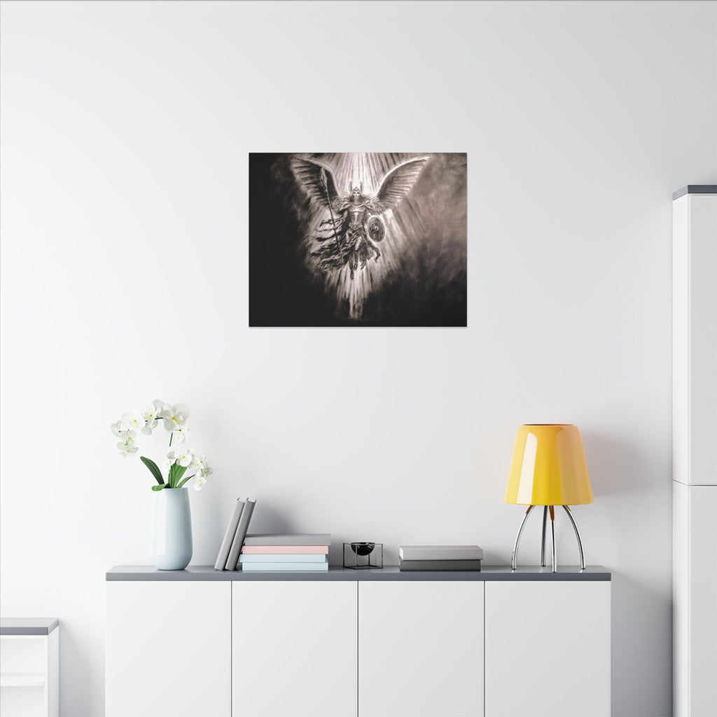 Angel Warrior Matte Canvas Wall Art — Dramatic Guardian with Shield and Spear
