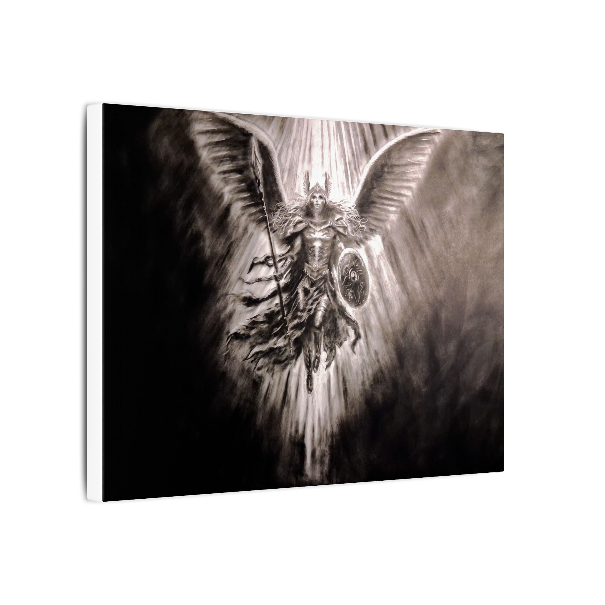 Angel Warrior Matte Canvas Wall Art — Dramatic Guardian with Shield and Spear