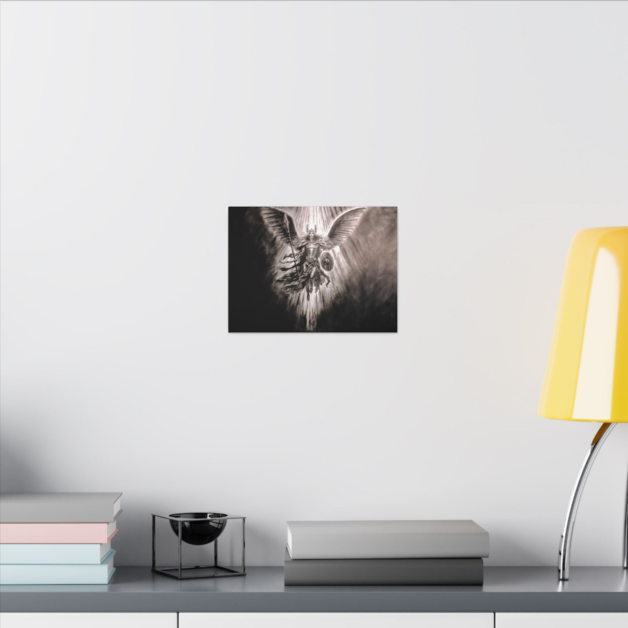 Angel Warrior Matte Canvas Wall Art — Dramatic Guardian with Shield and Spear