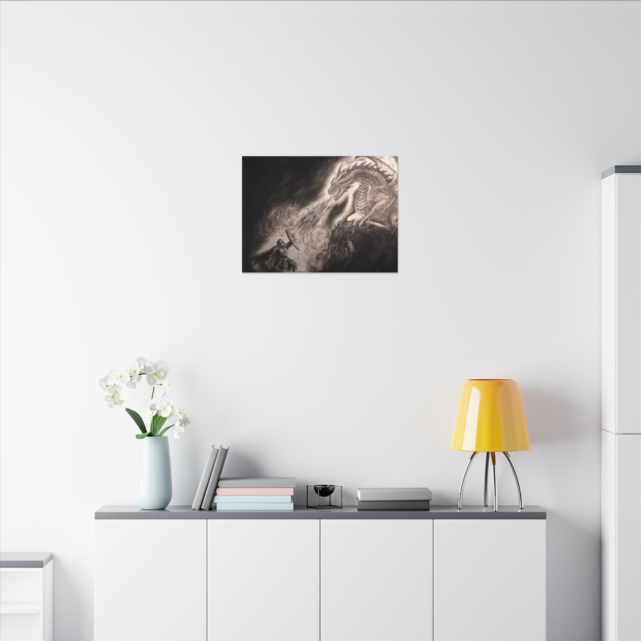 Dragon vs Knight Matte Canvas Wall Art — Fantasy Battle Stretched Print
