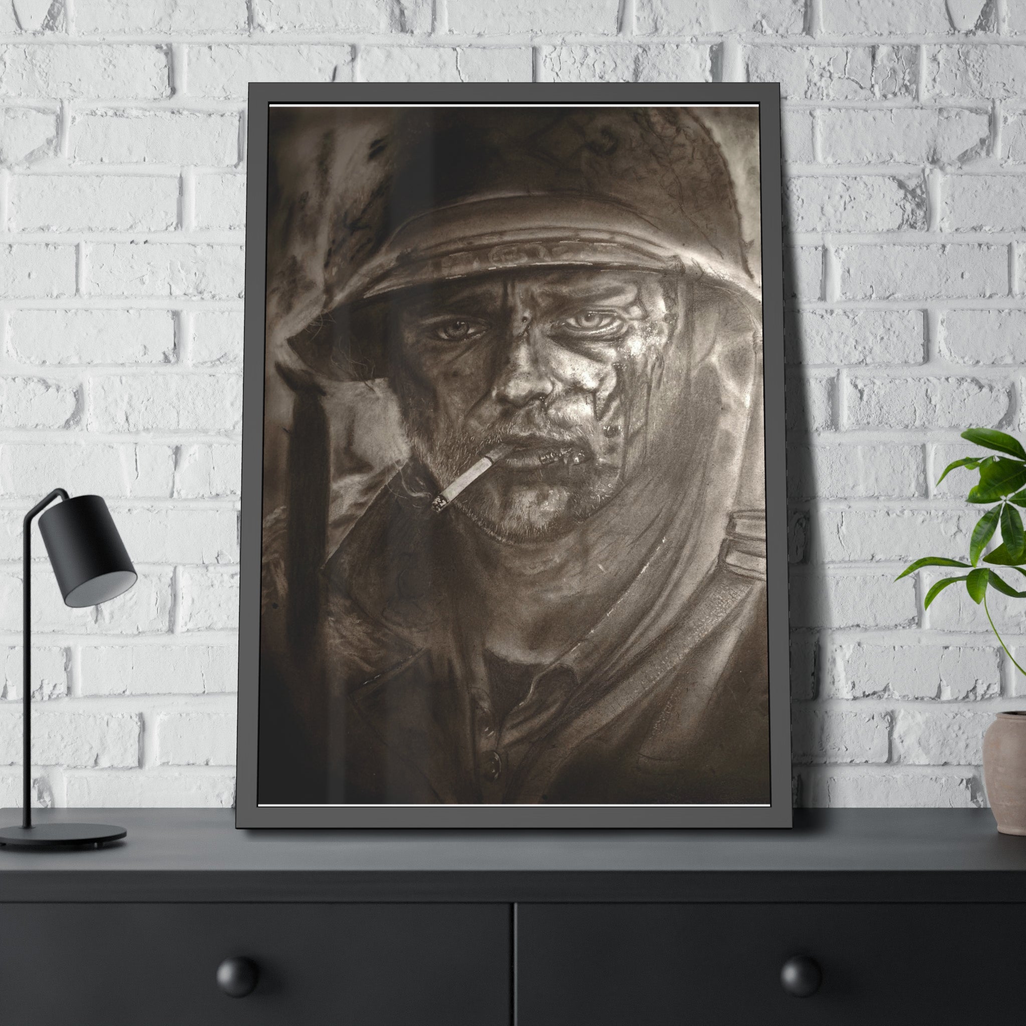 Framed Poster — Gritty Soldier Portrait Wall Art