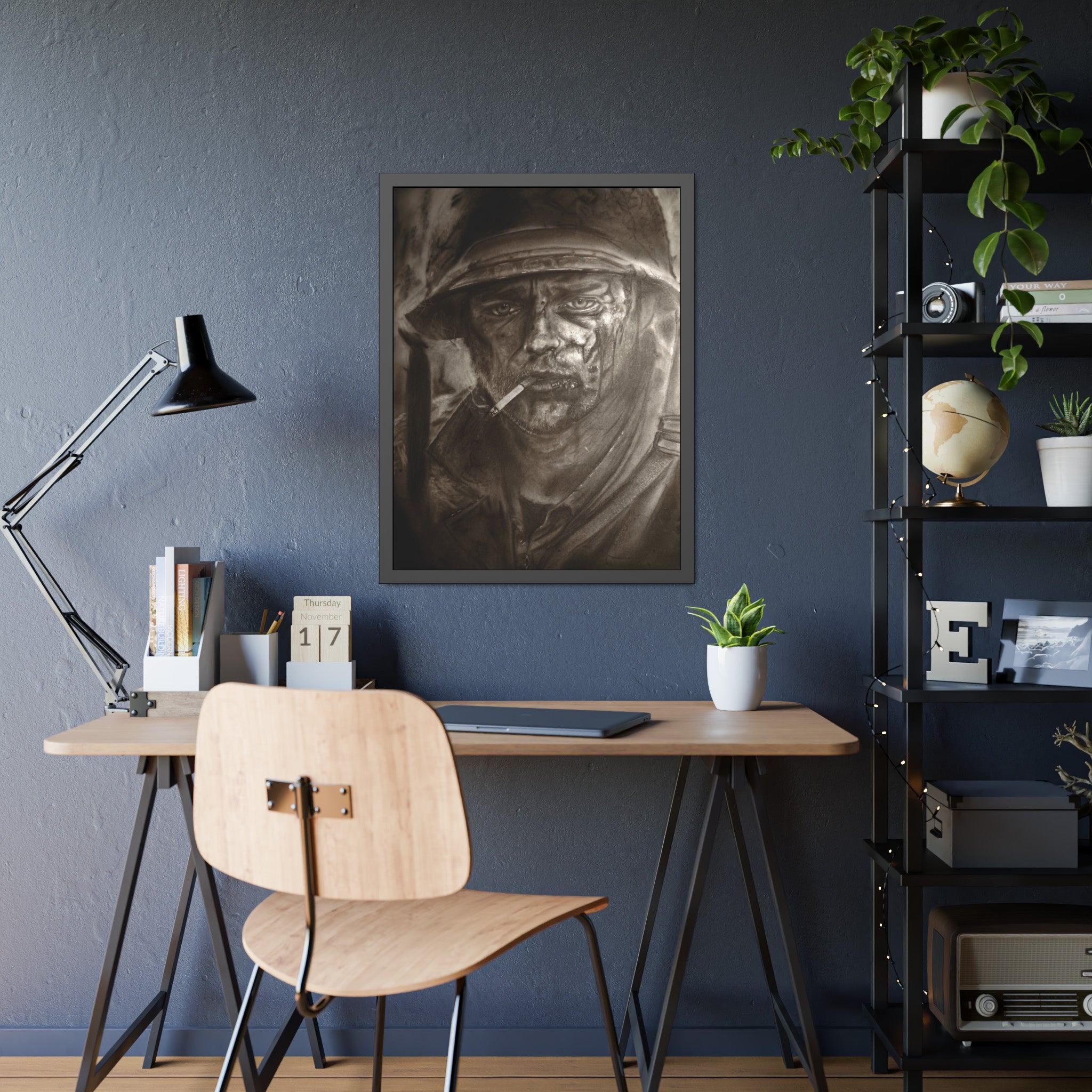 Framed Poster — Gritty Soldier Portrait Wall Art