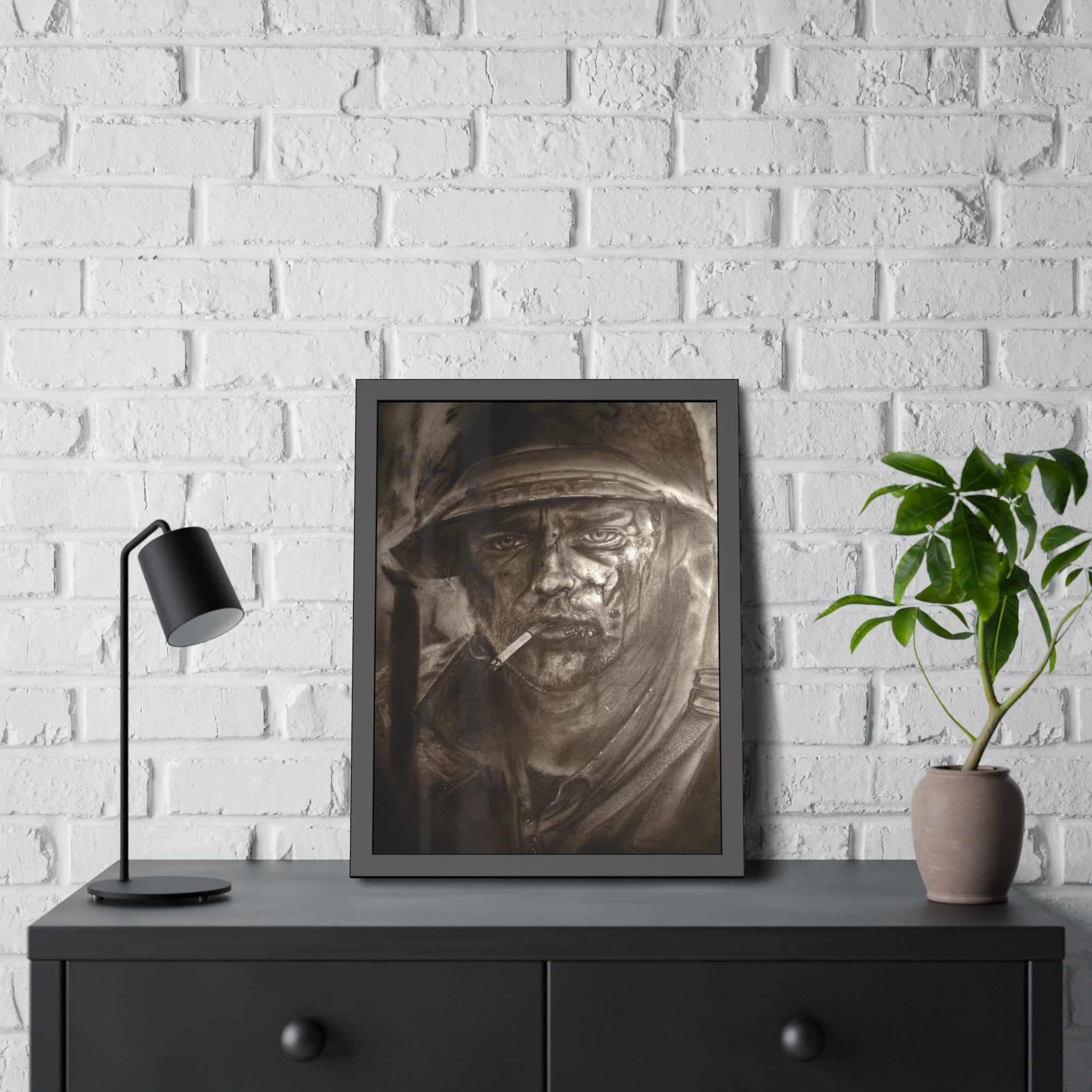 Framed Poster — Gritty Soldier Portrait Wall Art