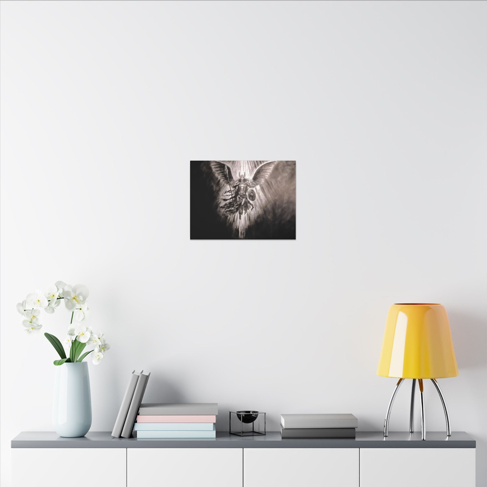 Angel Warrior Matte Canvas Wall Art — Dramatic Guardian with Shield and Spear