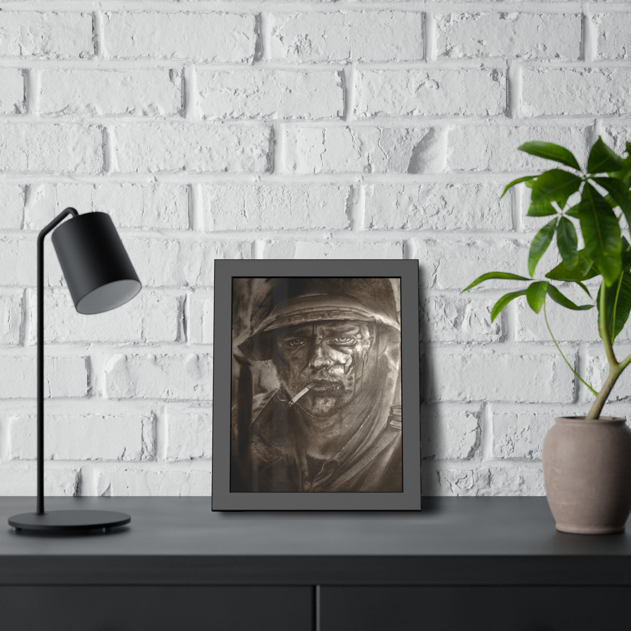 Framed Poster — Gritty Soldier Portrait Wall Art