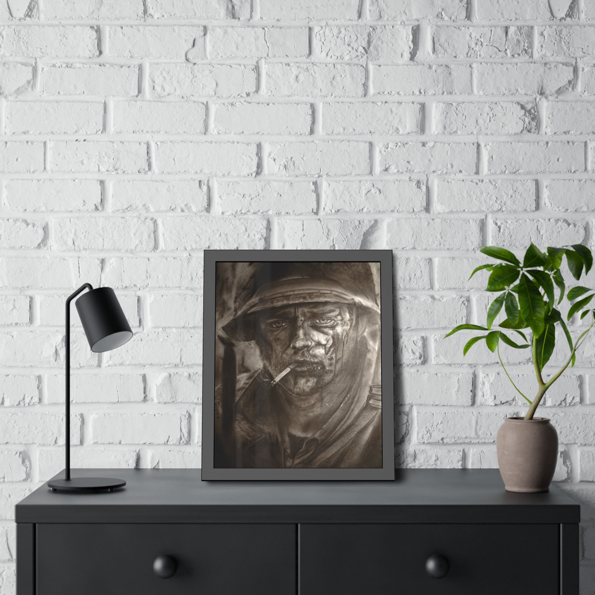 Framed Poster — Gritty Soldier Portrait Wall Art