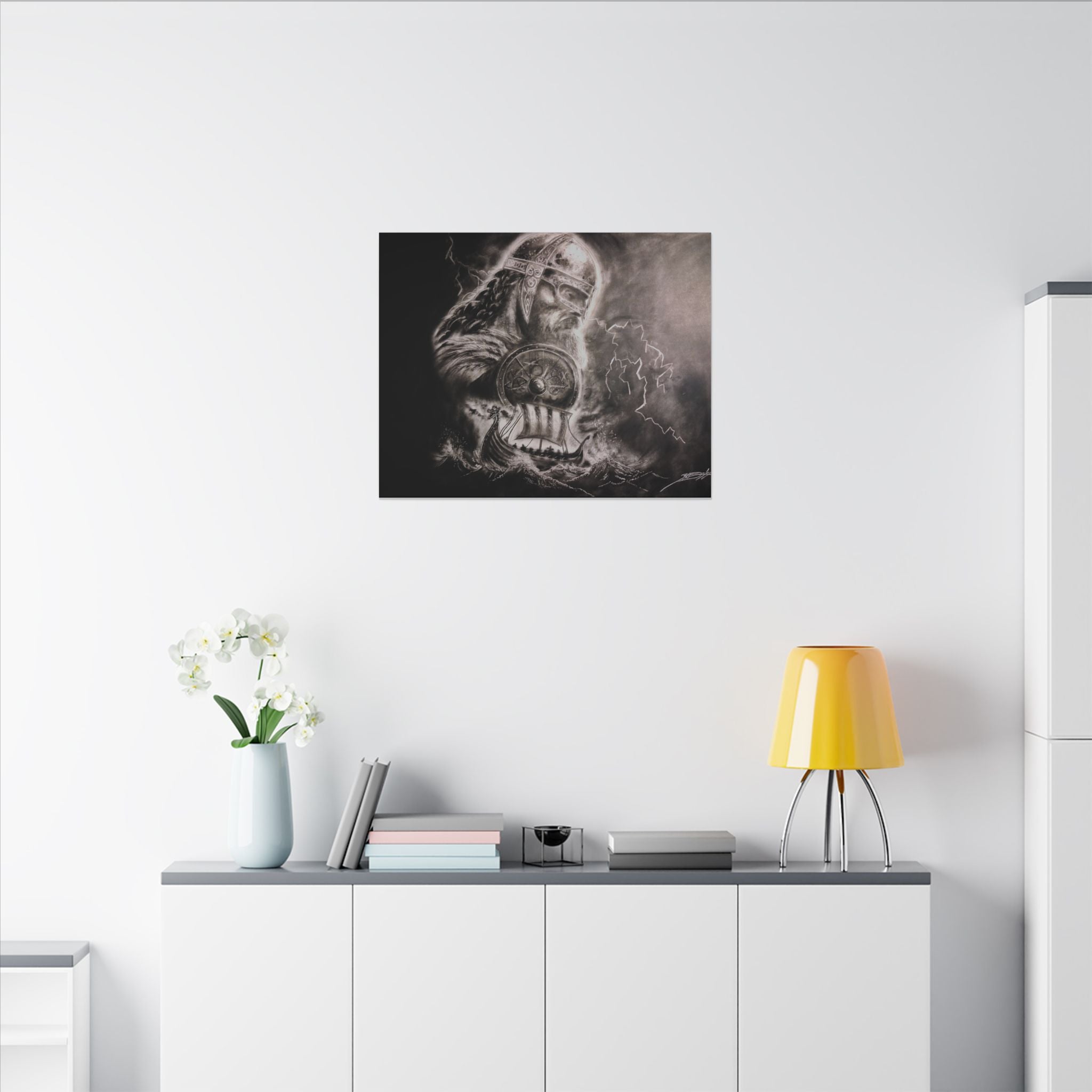 Viking Warrior Matte Canvas Print — Norse Shield & Longship Wall Art