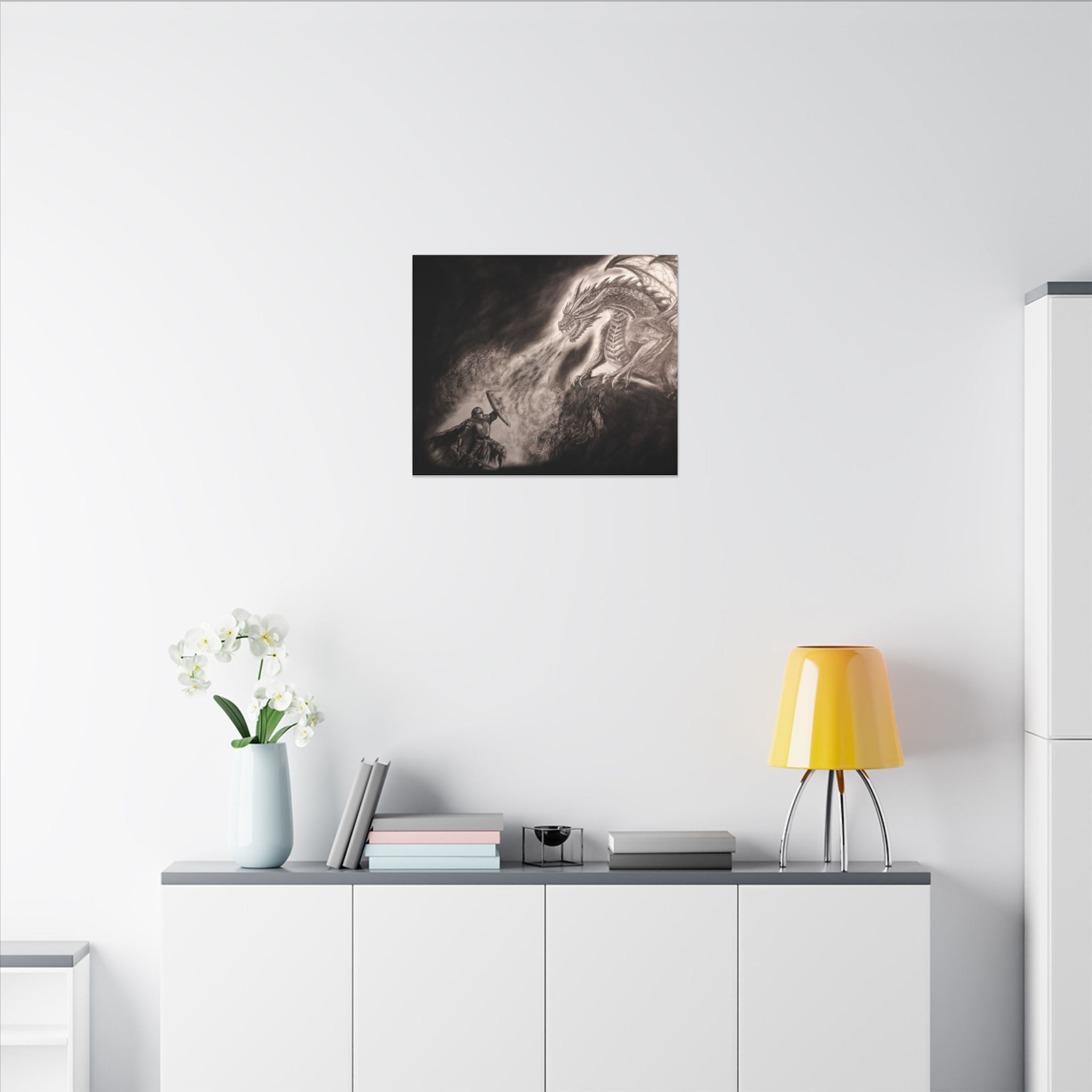 Dragon vs Knight Matte Canvas Wall Art — Fantasy Battle Stretched Print