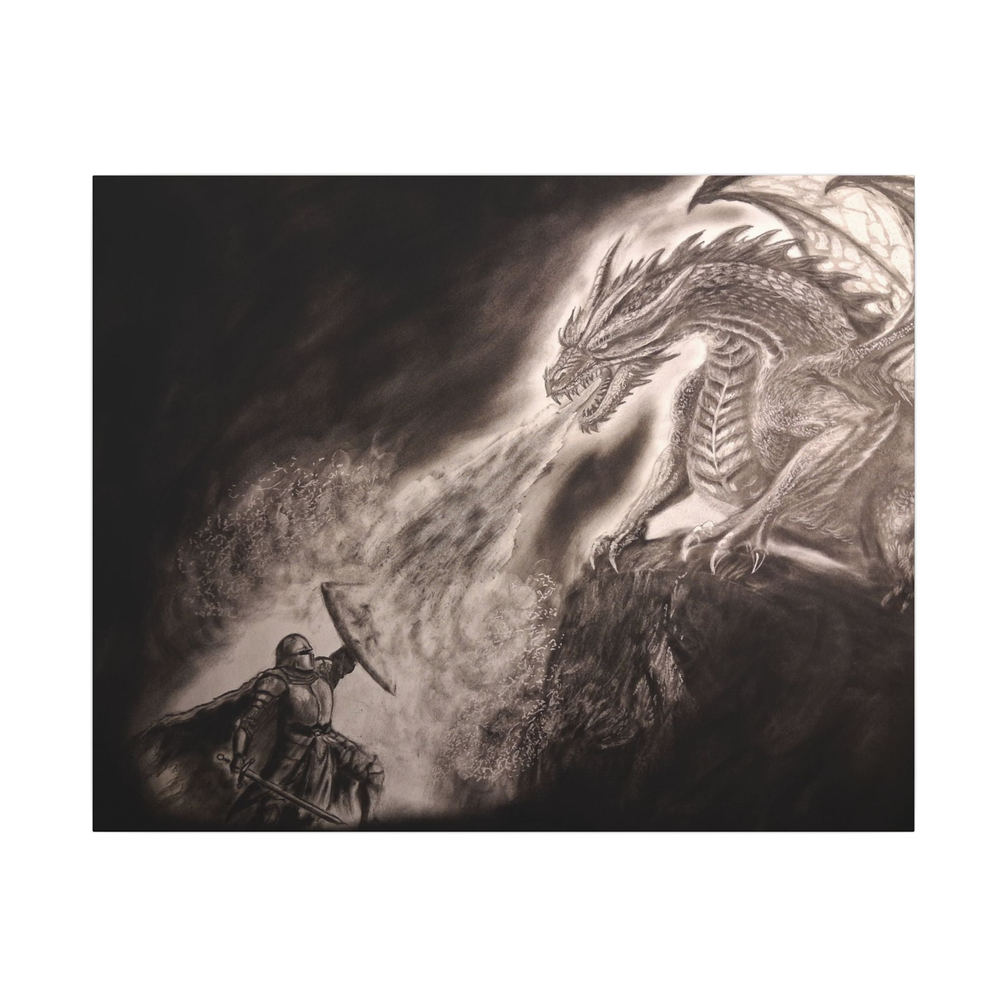 Dragon vs Knight Matte Canvas Wall Art — Fantasy Battle Stretched Print