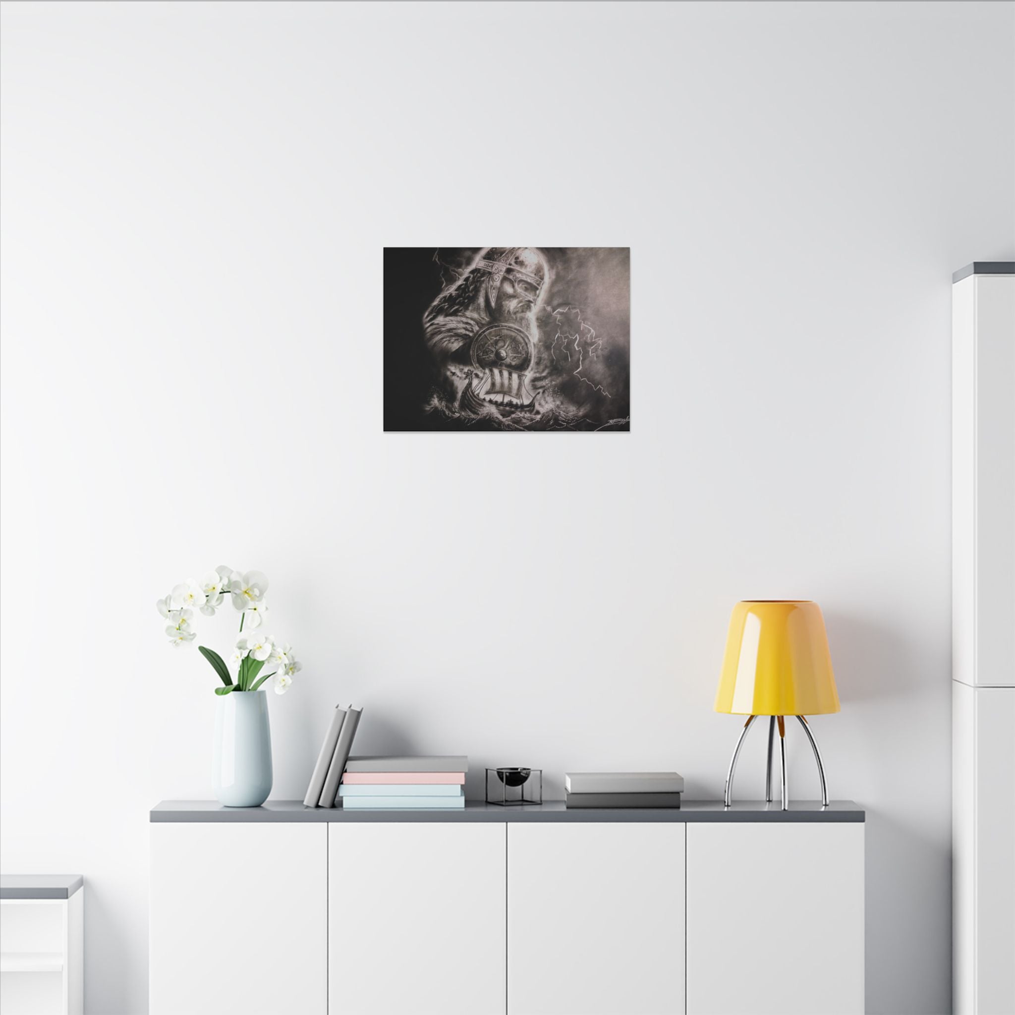 Viking Warrior Matte Canvas Print — Norse Shield & Longship Wall Art