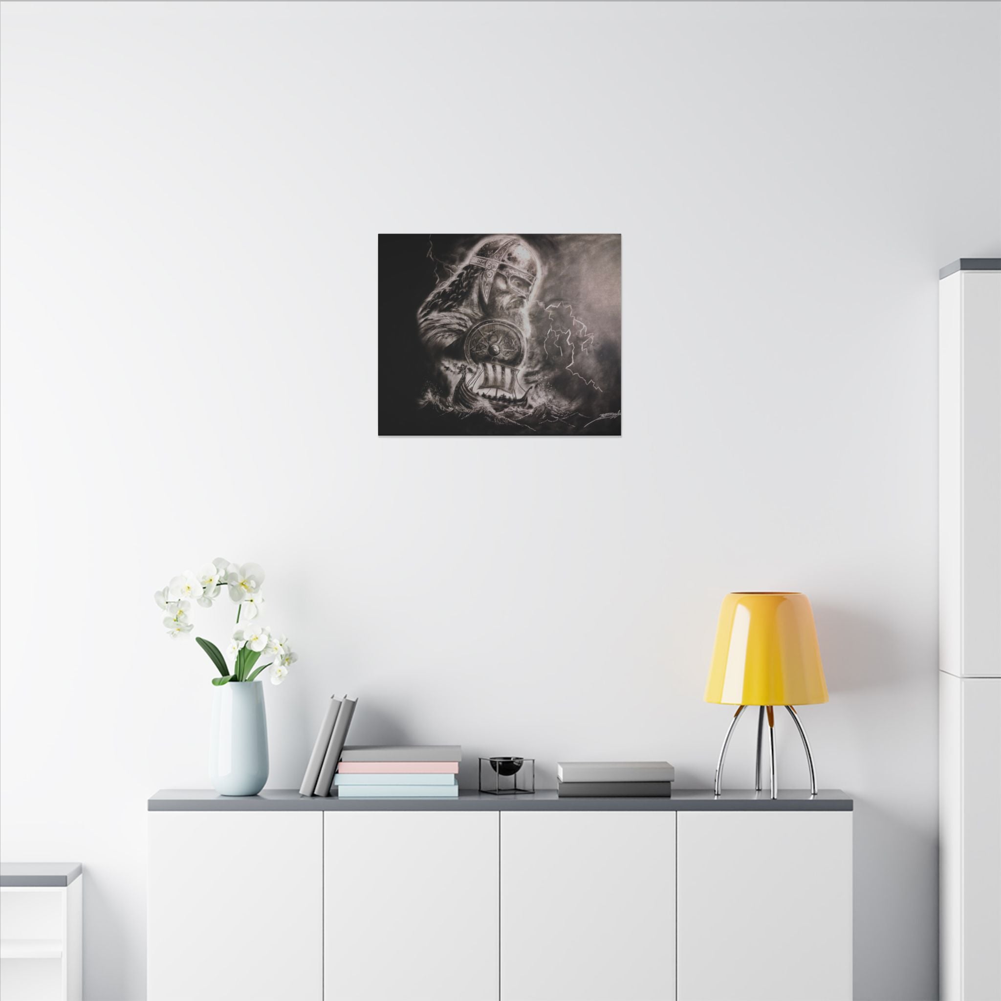 Viking Warrior Matte Canvas Print — Norse Shield & Longship Wall Art
