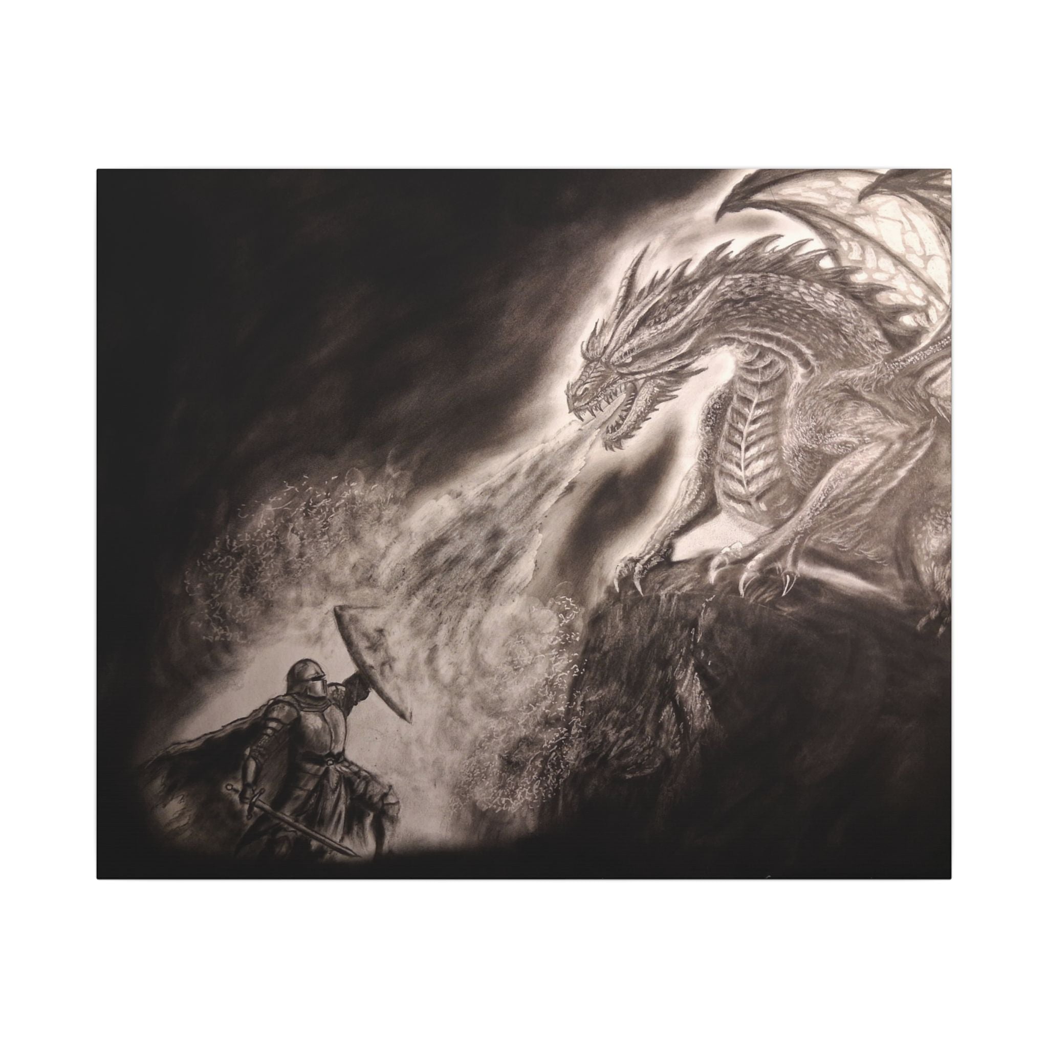 Dragon vs Knight Matte Canvas Wall Art — Fantasy Battle Stretched Print
