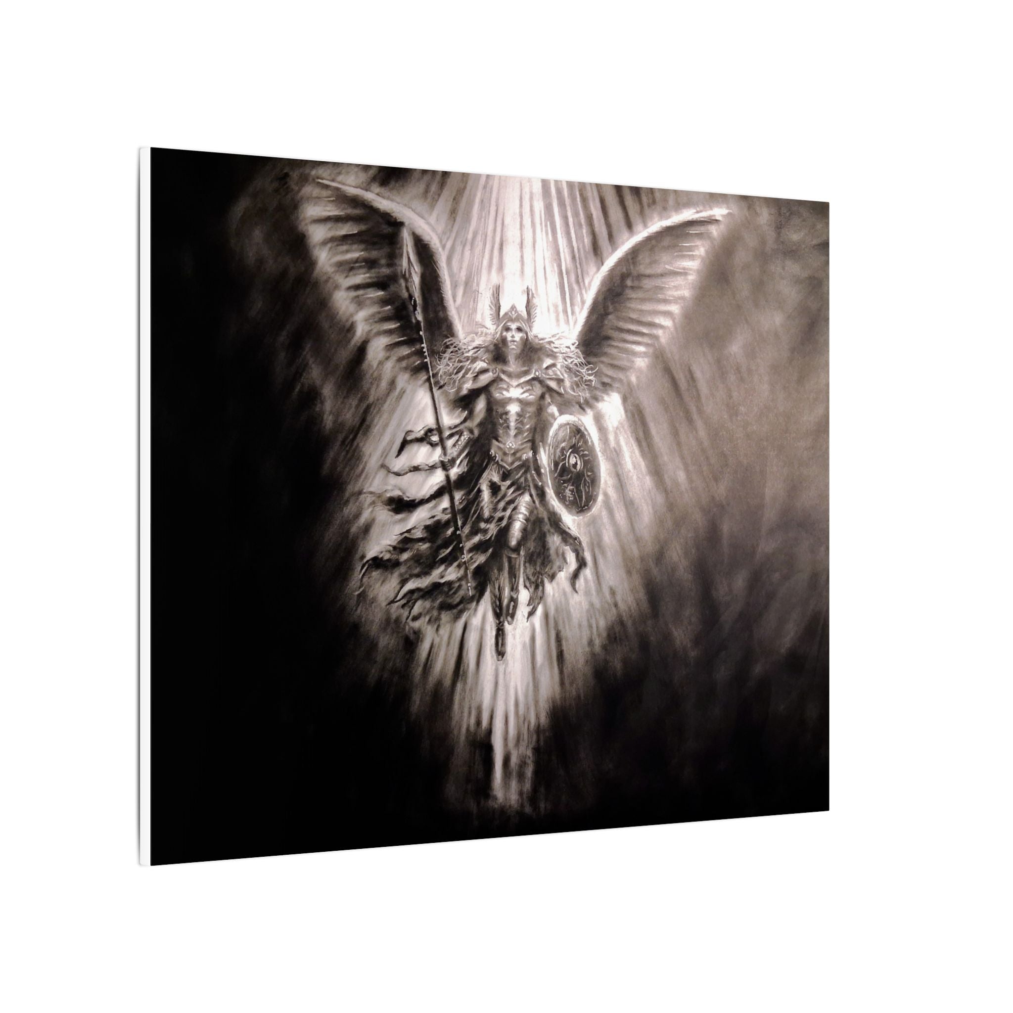 Angel Warrior Matte Canvas Wall Art — Dramatic Guardian with Shield and Spear