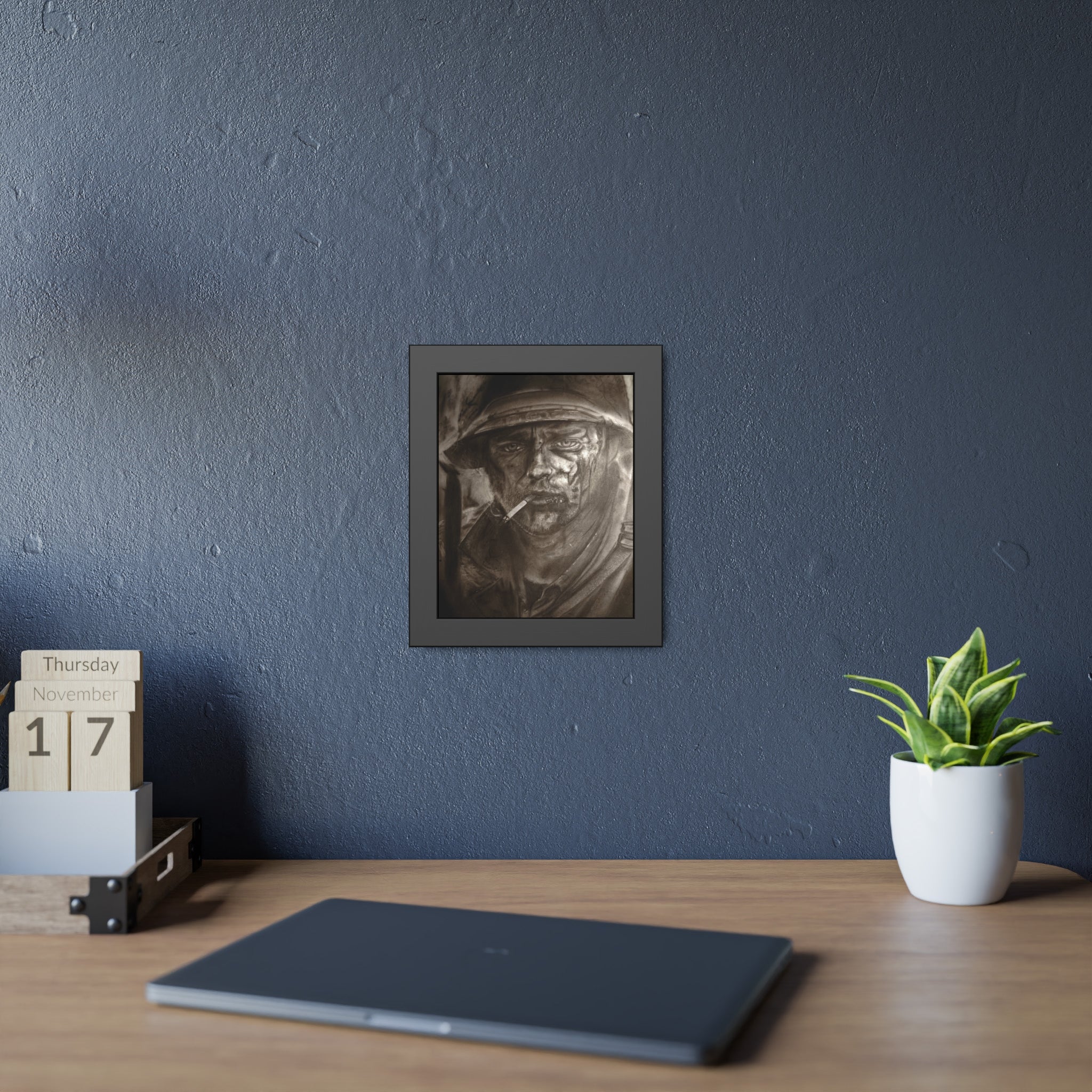 Framed Poster — Gritty Soldier Portrait Wall Art