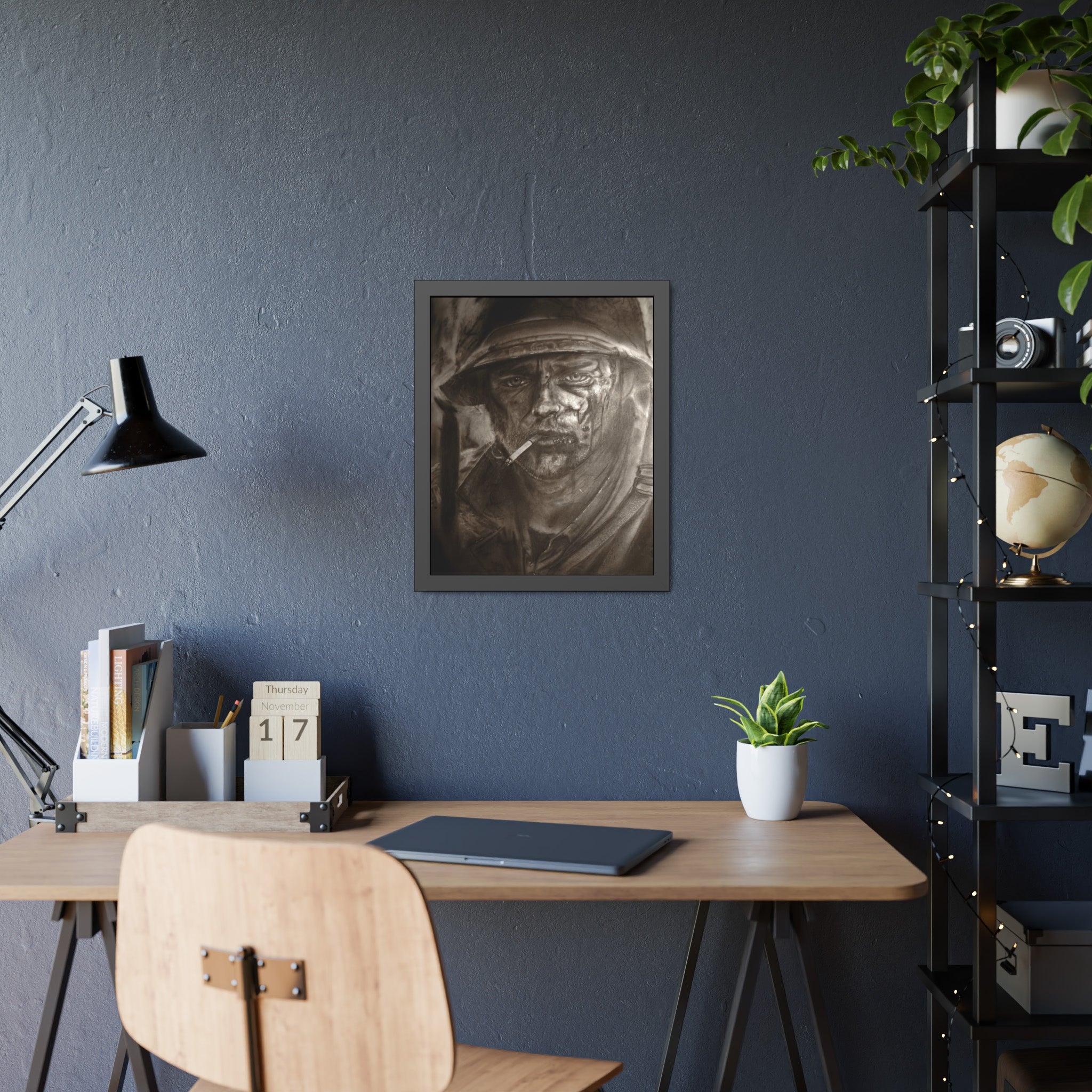 Framed Poster — Gritty Soldier Portrait Wall Art