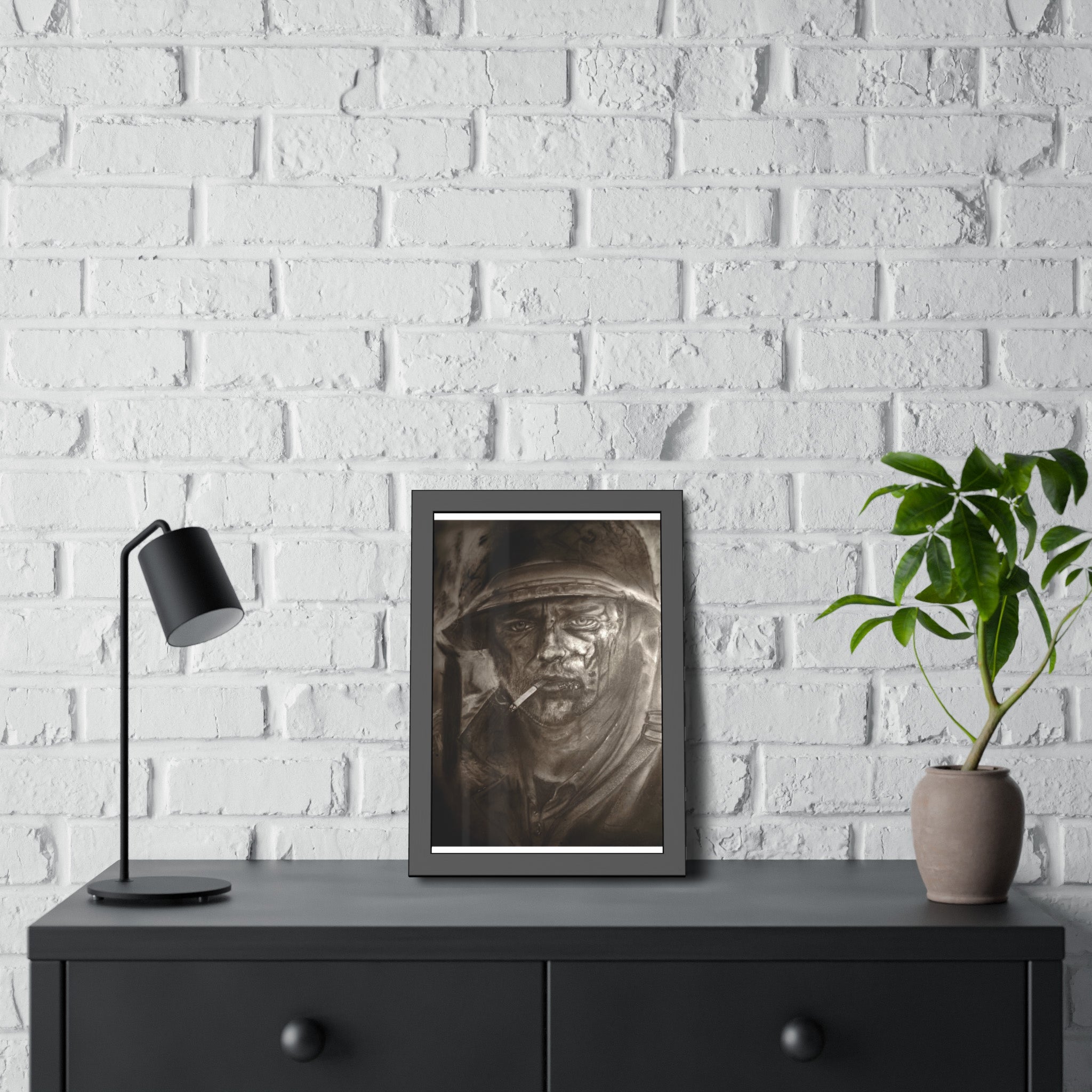 Framed Poster — Gritty Soldier Portrait Wall Art