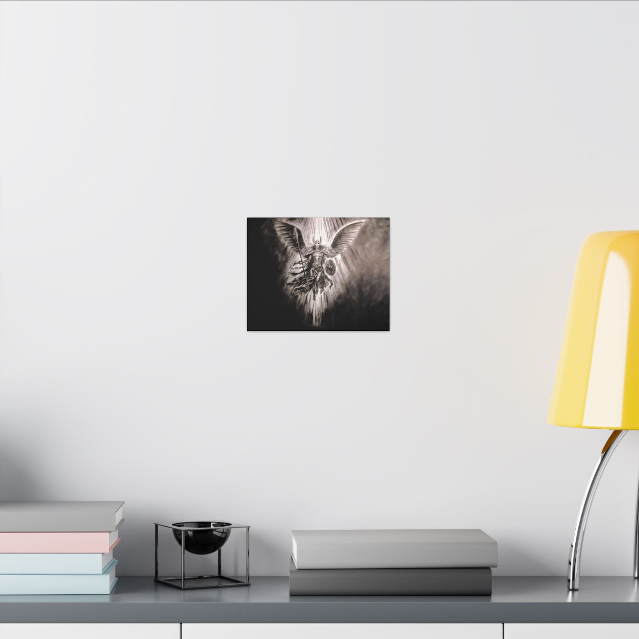 Angel Warrior Matte Canvas Wall Art — Dramatic Guardian with Shield and Spear