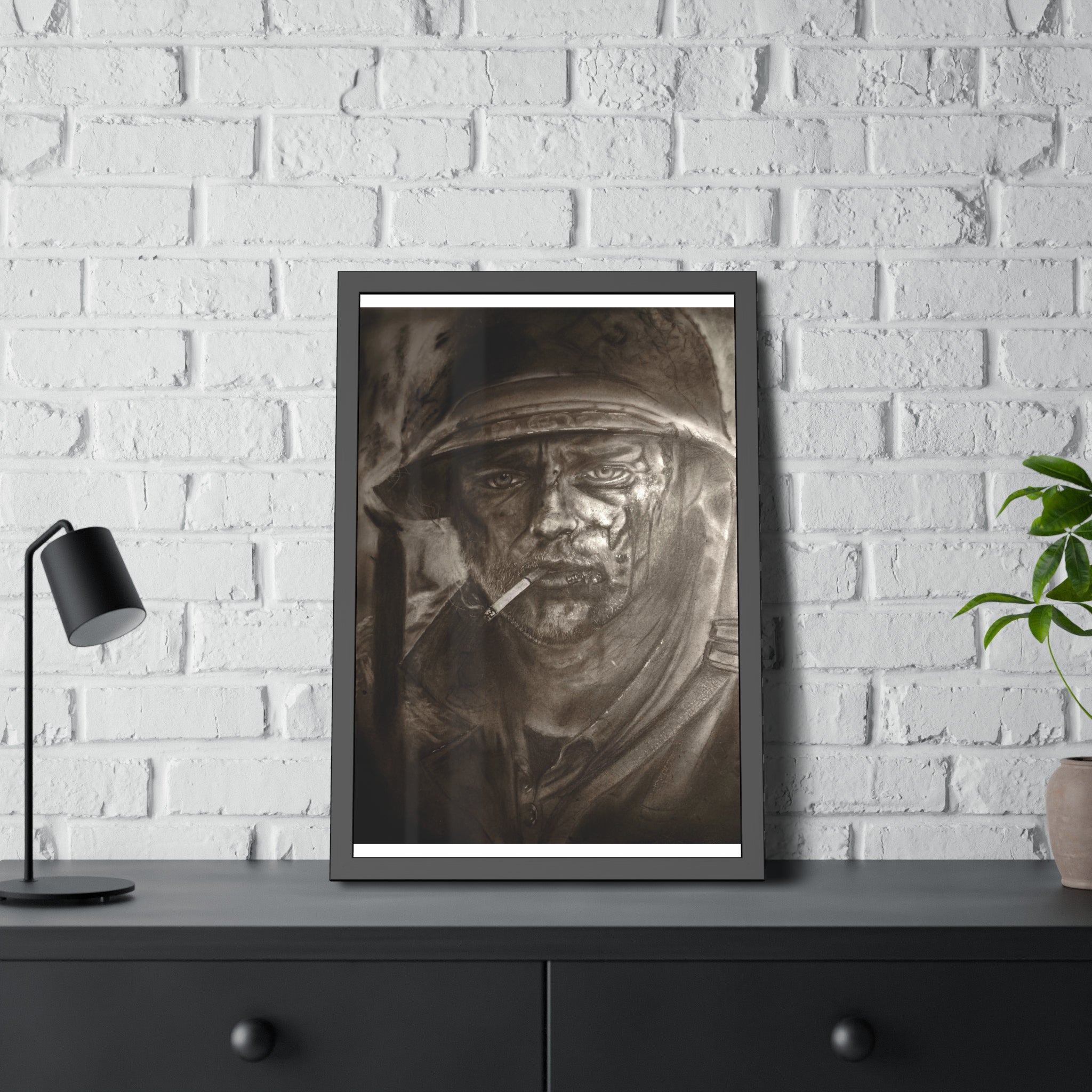 Framed Poster — Gritty Soldier Portrait Wall Art