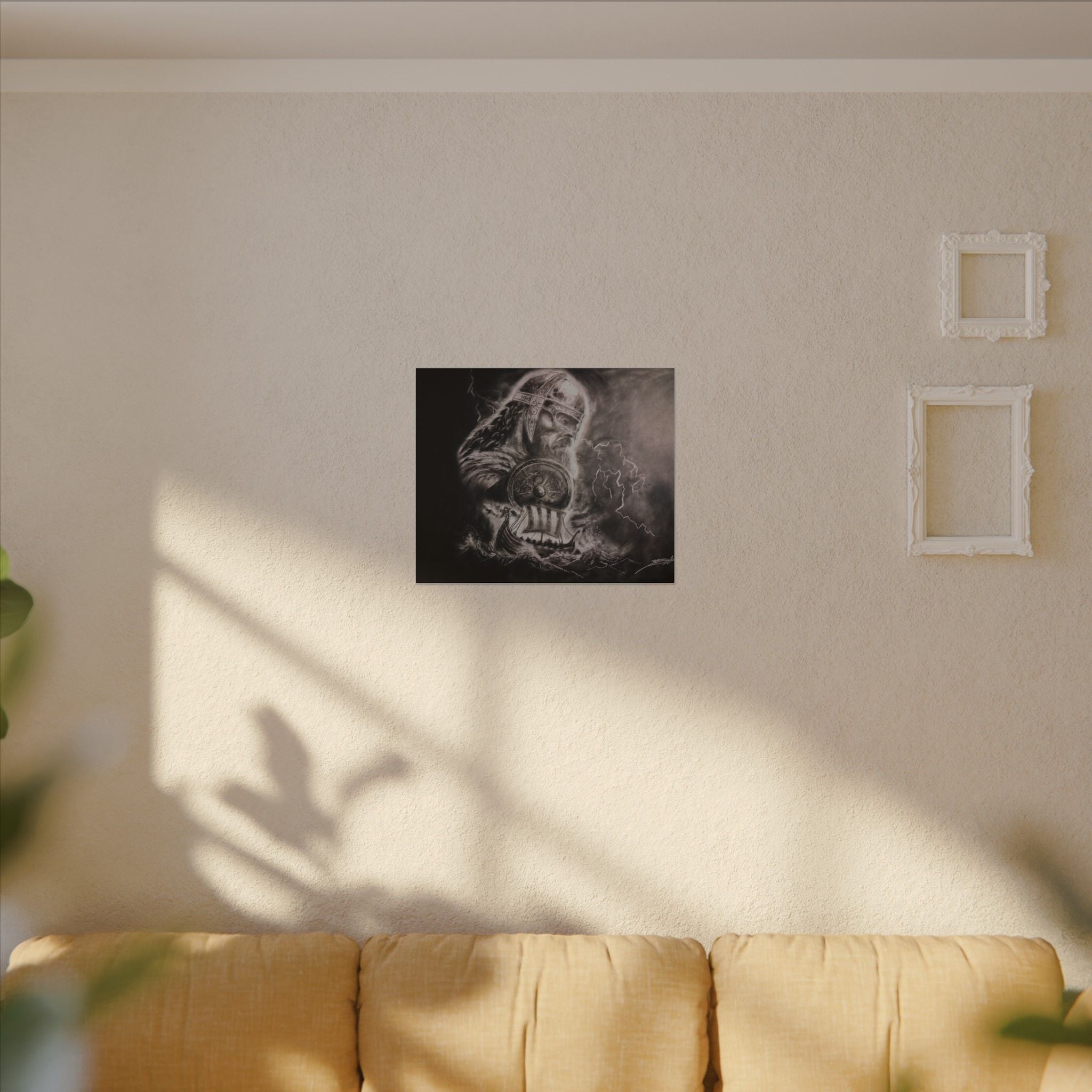 Viking Warrior Matte Canvas Print — Norse Shield & Longship Wall Art