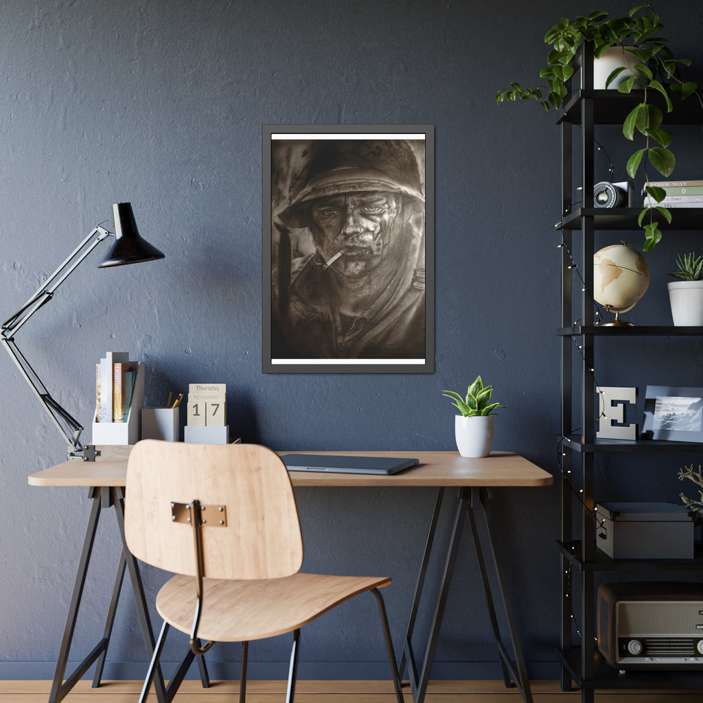 Framed Poster — Gritty Soldier Portrait Wall Art