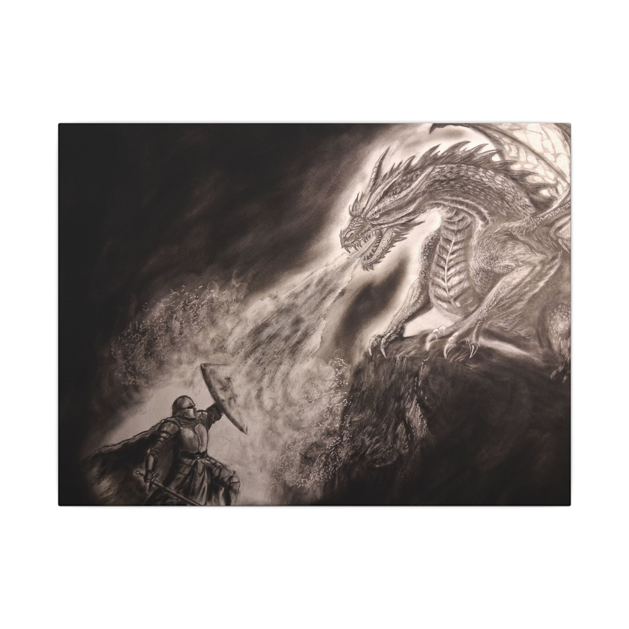 Dragon vs Knight Matte Canvas Wall Art — Fantasy Battle Stretched Print