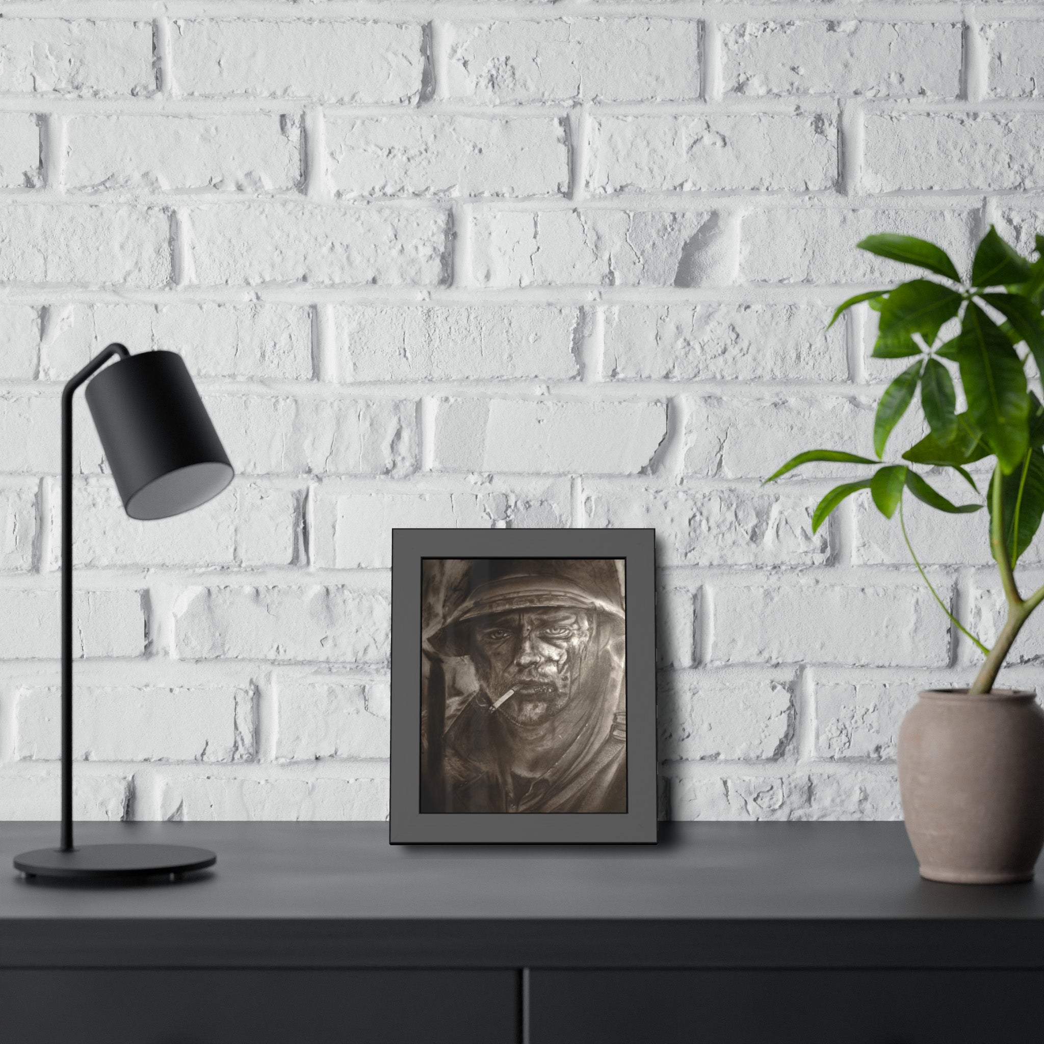 Framed Poster — Gritty Soldier Portrait Wall Art