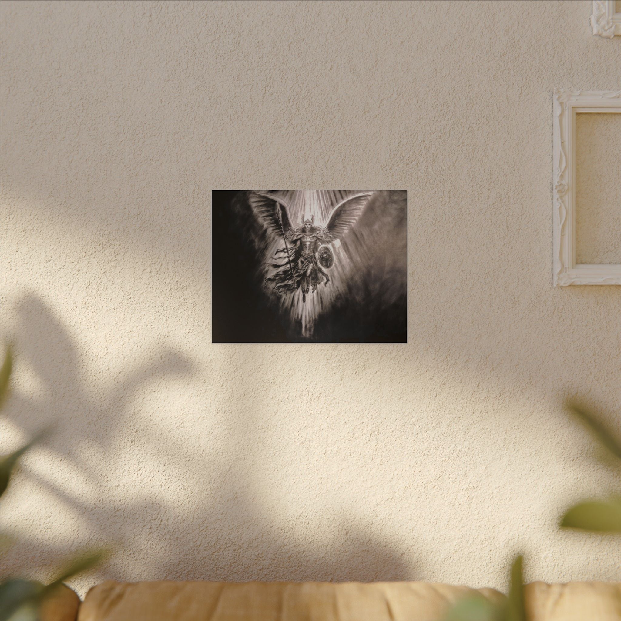 Angel Warrior Matte Canvas Wall Art — Dramatic Guardian with Shield and Spear
