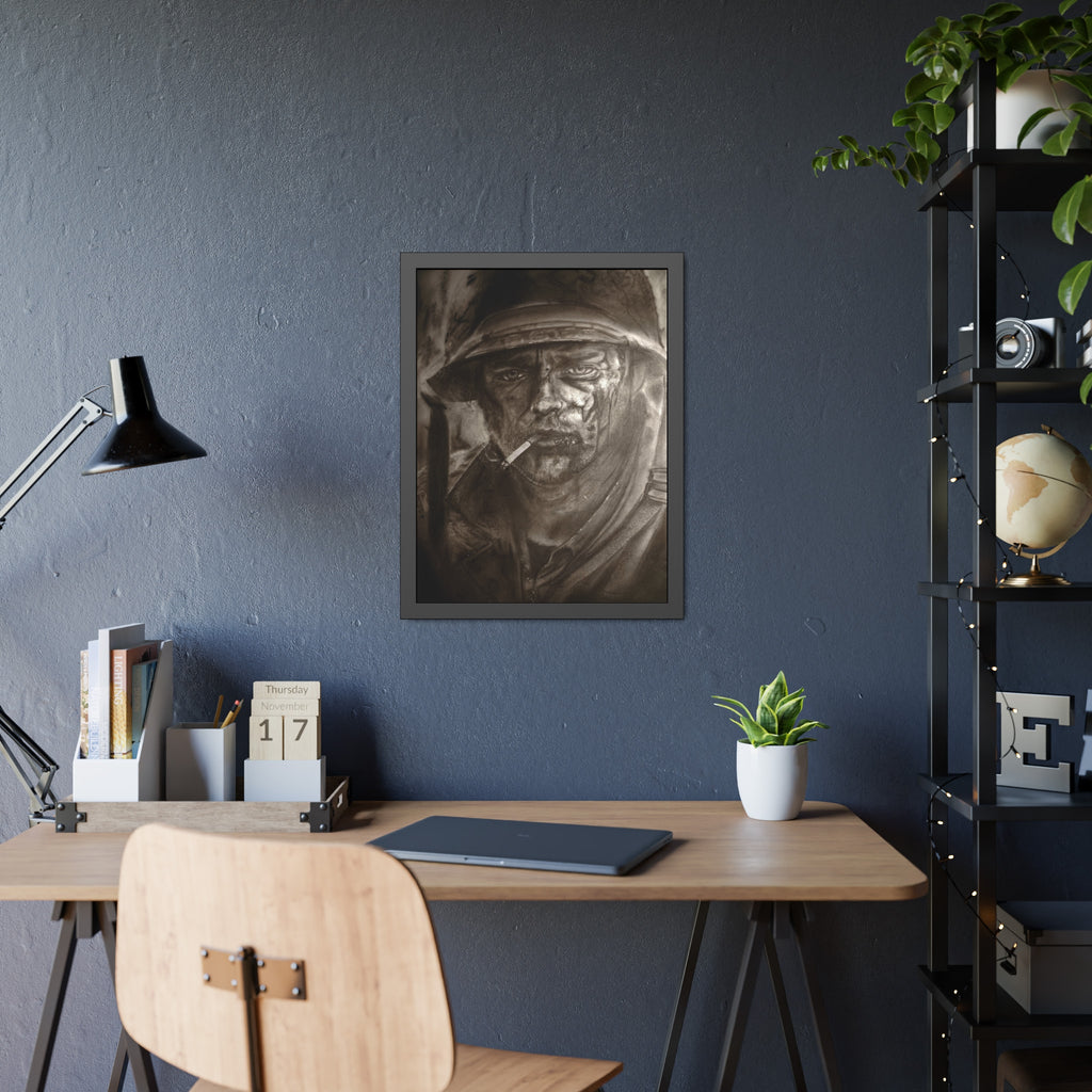 Framed Poster — Gritty Soldier Portrait Wall Art