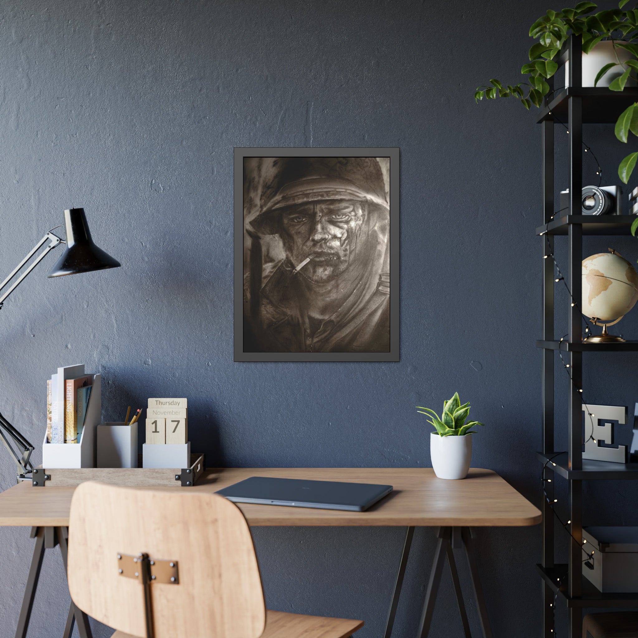 Framed Poster — Gritty Soldier Portrait Wall Art
