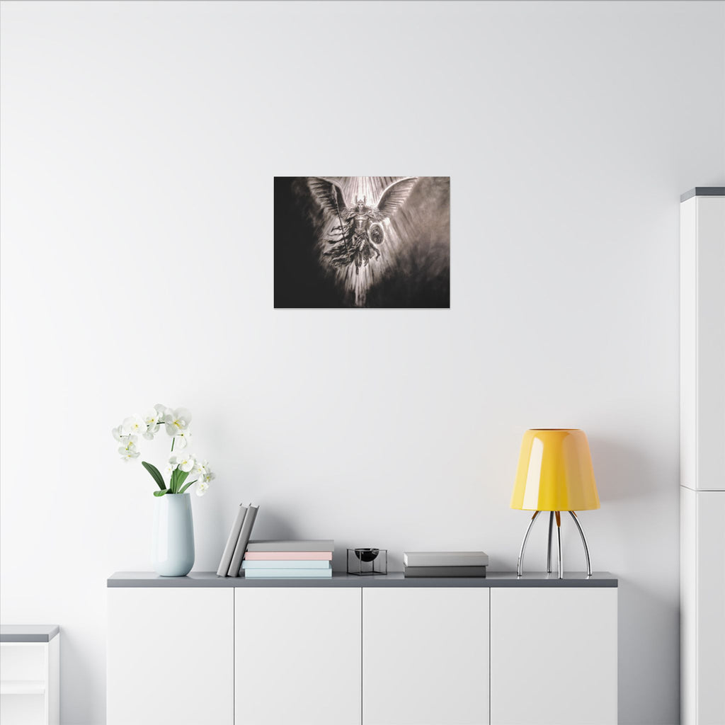 Angel Warrior Matte Canvas Wall Art — Dramatic Guardian with Shield and Spear