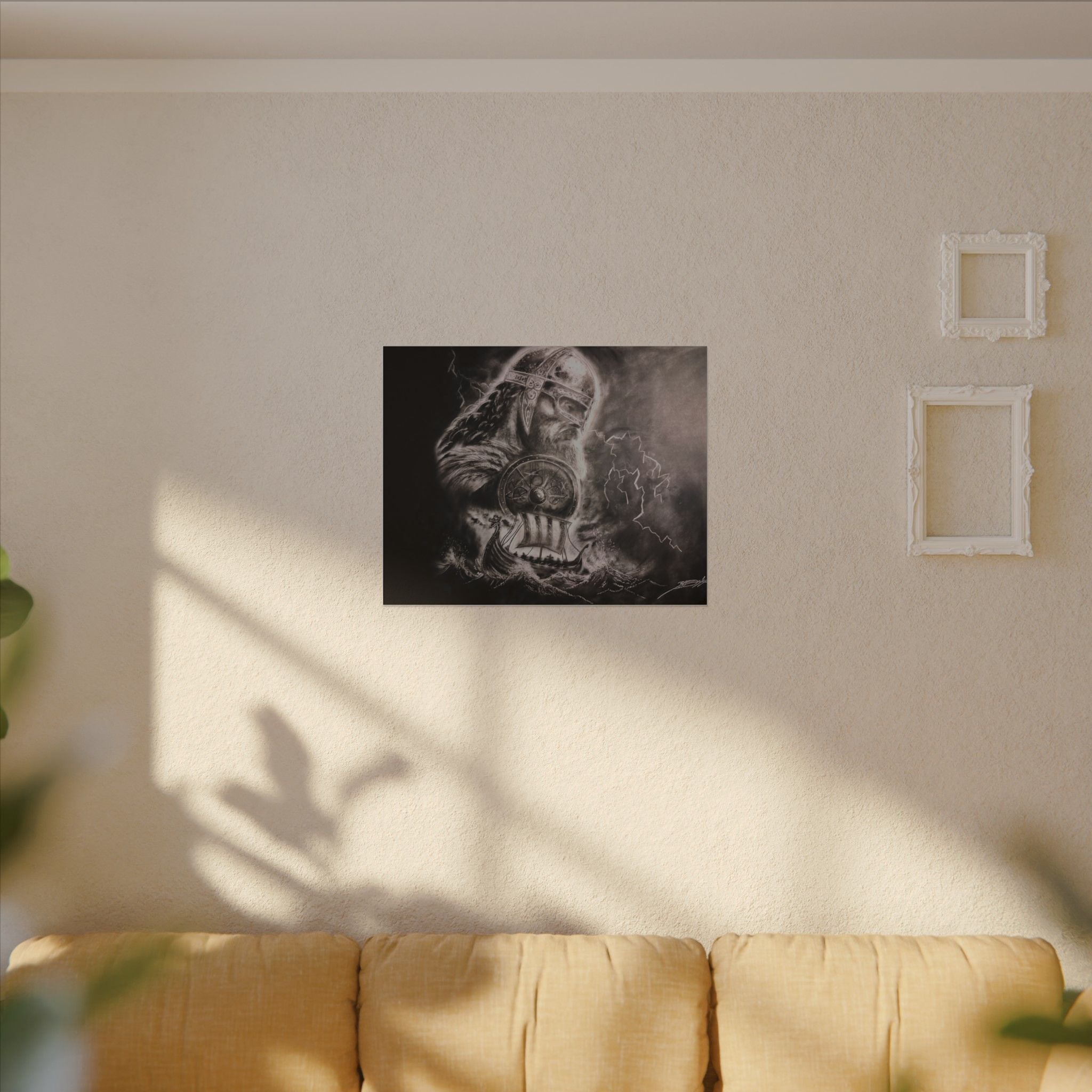 Viking Warrior Matte Canvas Print — Norse Shield & Longship Wall Art