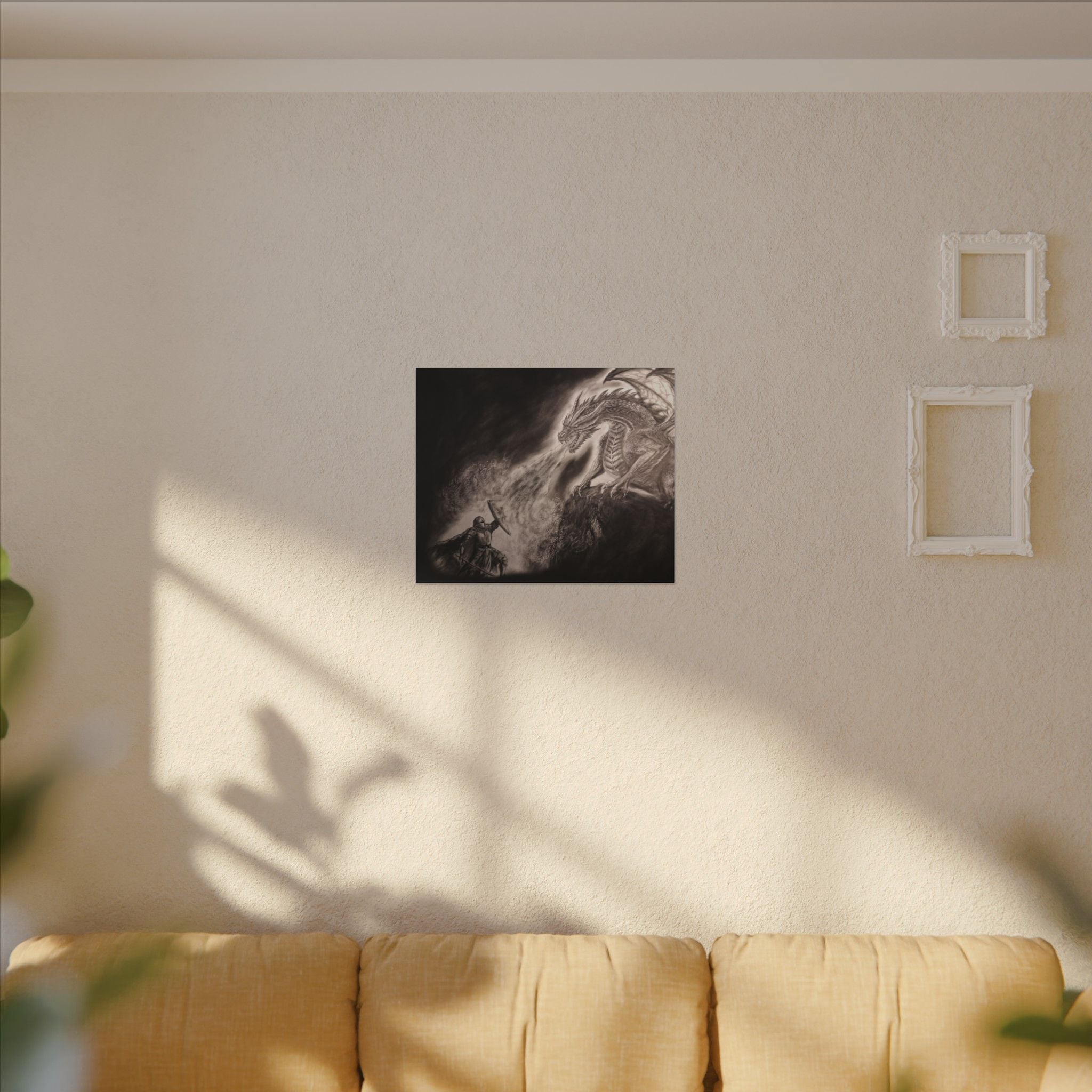 Dragon vs Knight Matte Canvas Wall Art — Fantasy Battle Stretched Print