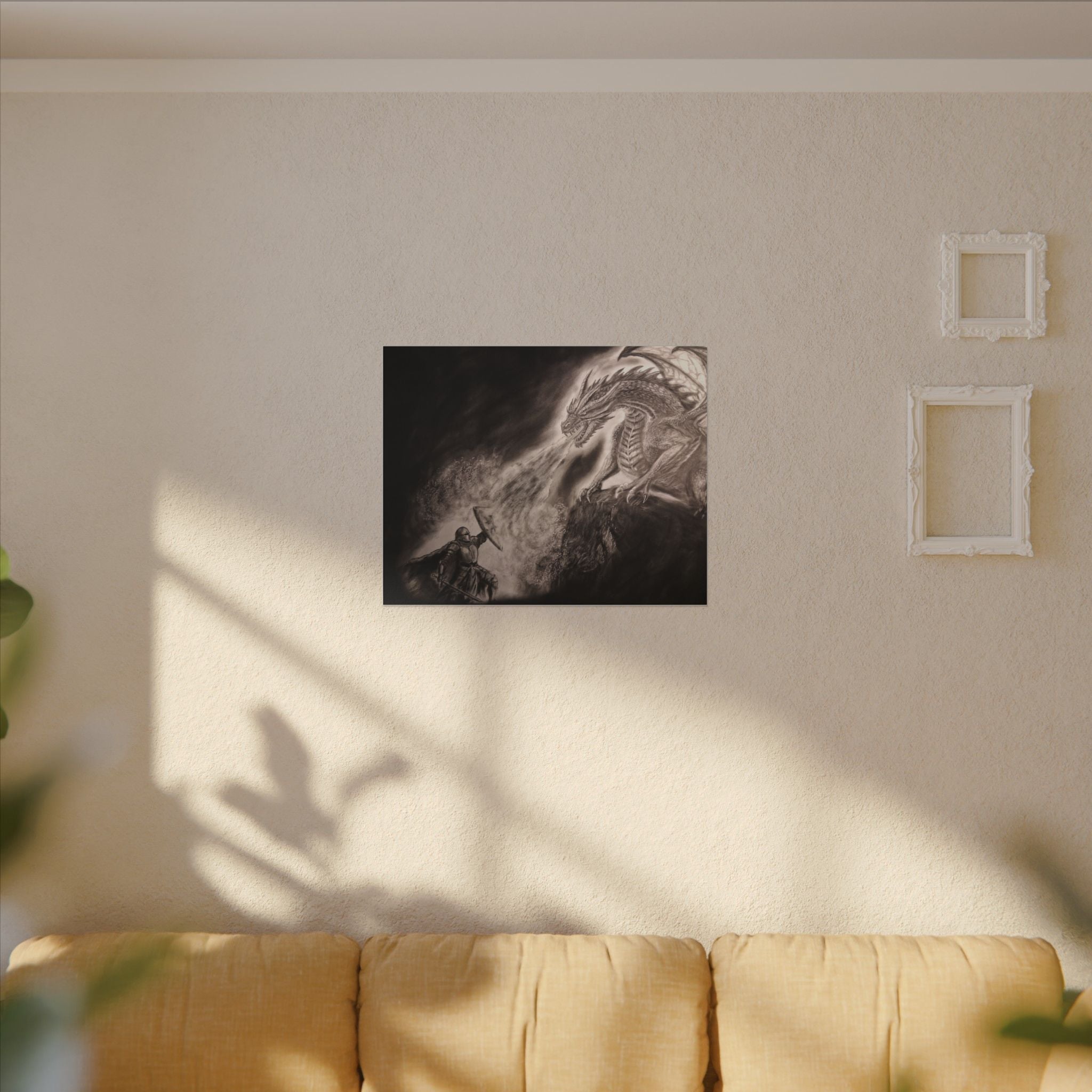 Dragon vs Knight Matte Canvas Wall Art — Fantasy Battle Stretched Print